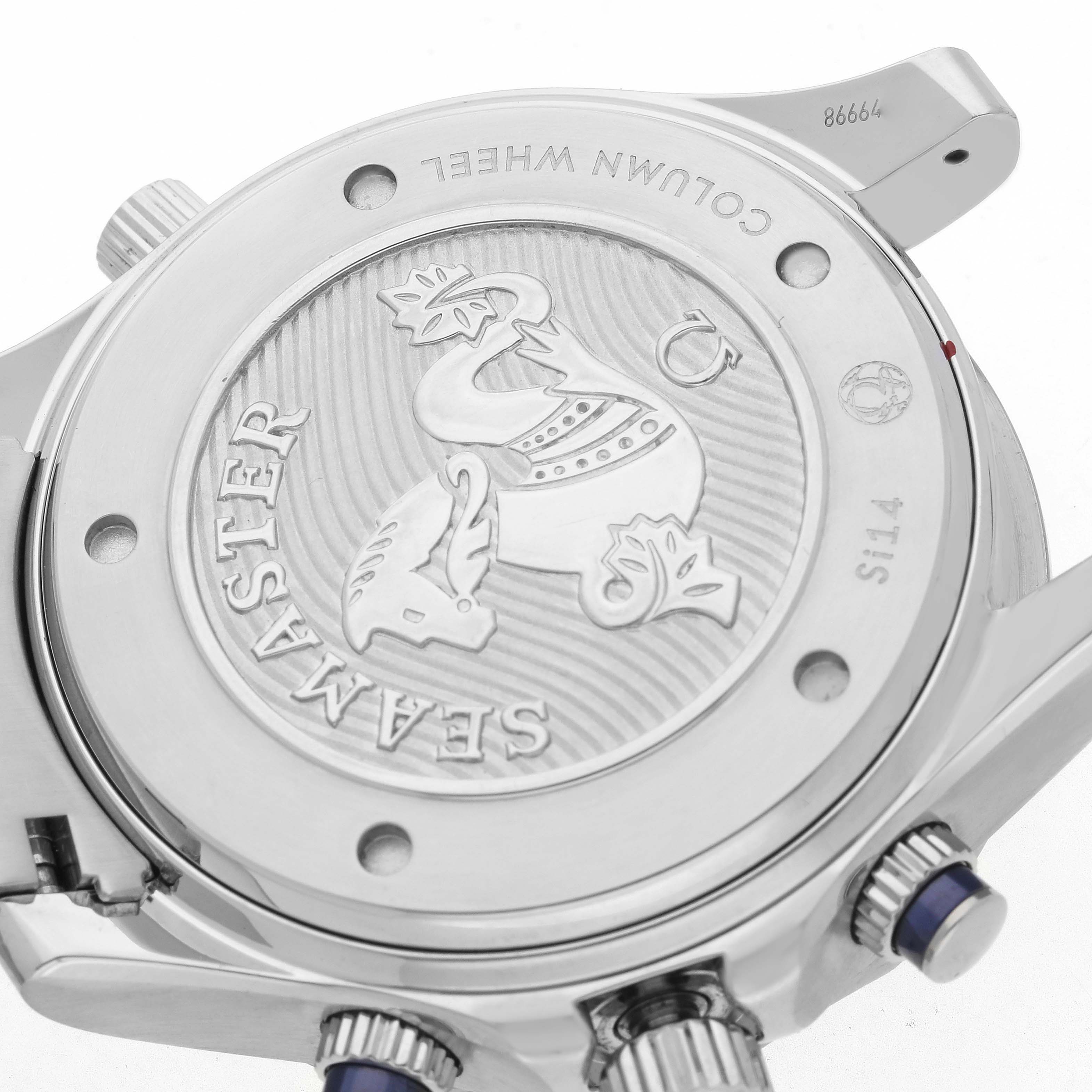 The image shows the back case of an Omega Seamaster 212.30.44.50.03.001 Men's Stainless Steel Blue Dial 212.30.44.50.03.001 Men's Stainless Steel Blue Dial watch, highlighting the engraved design and crown details.