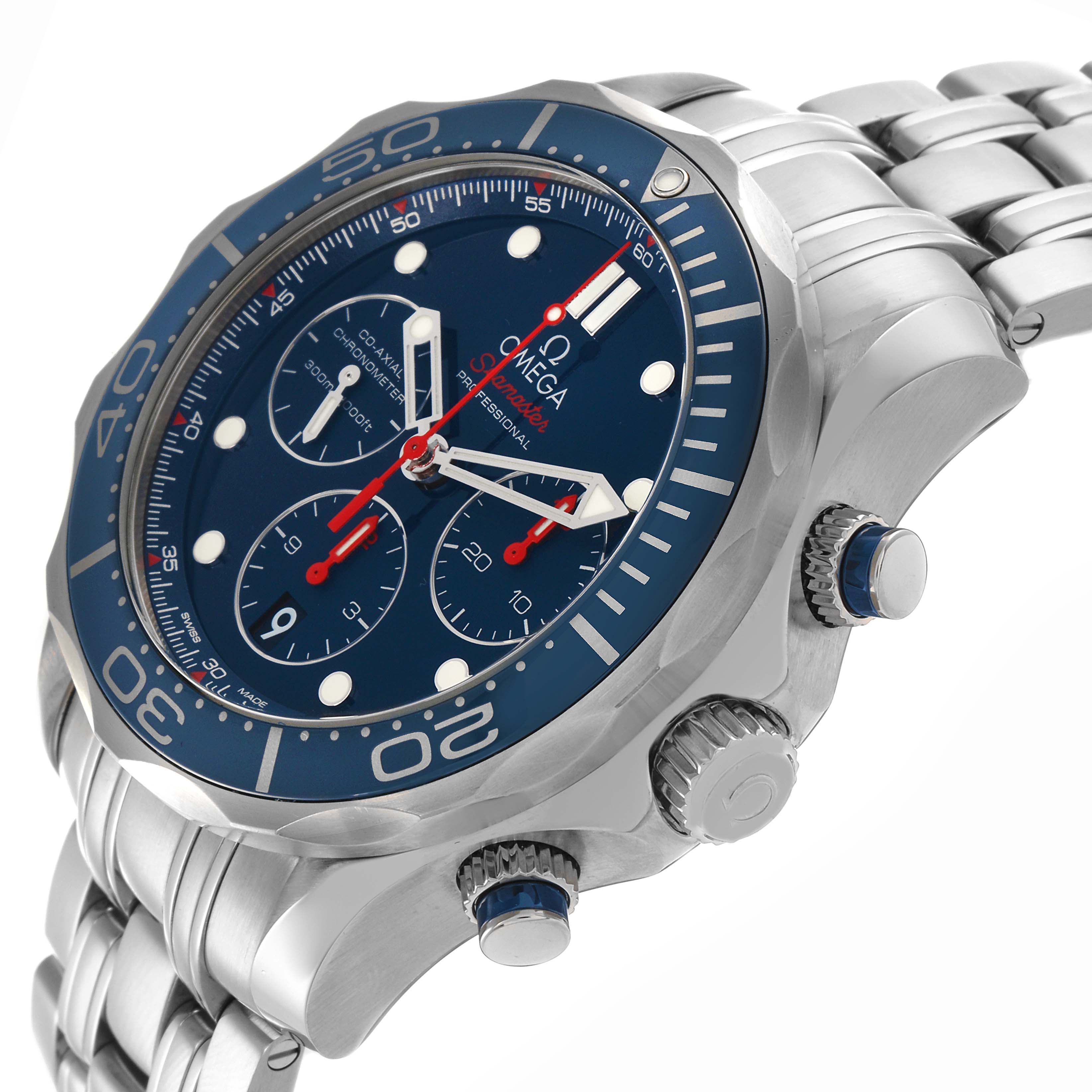 The Omega Seamaster 212.30.44.50.03.001 Men's Stainless Steel Blue Dial 212.30.44.50.03.001 Men's Stainless Steel Blue Dial watch is shown at a diagonal angle, highlighting its face, bezel, crown, pushers, and metal bracelet.