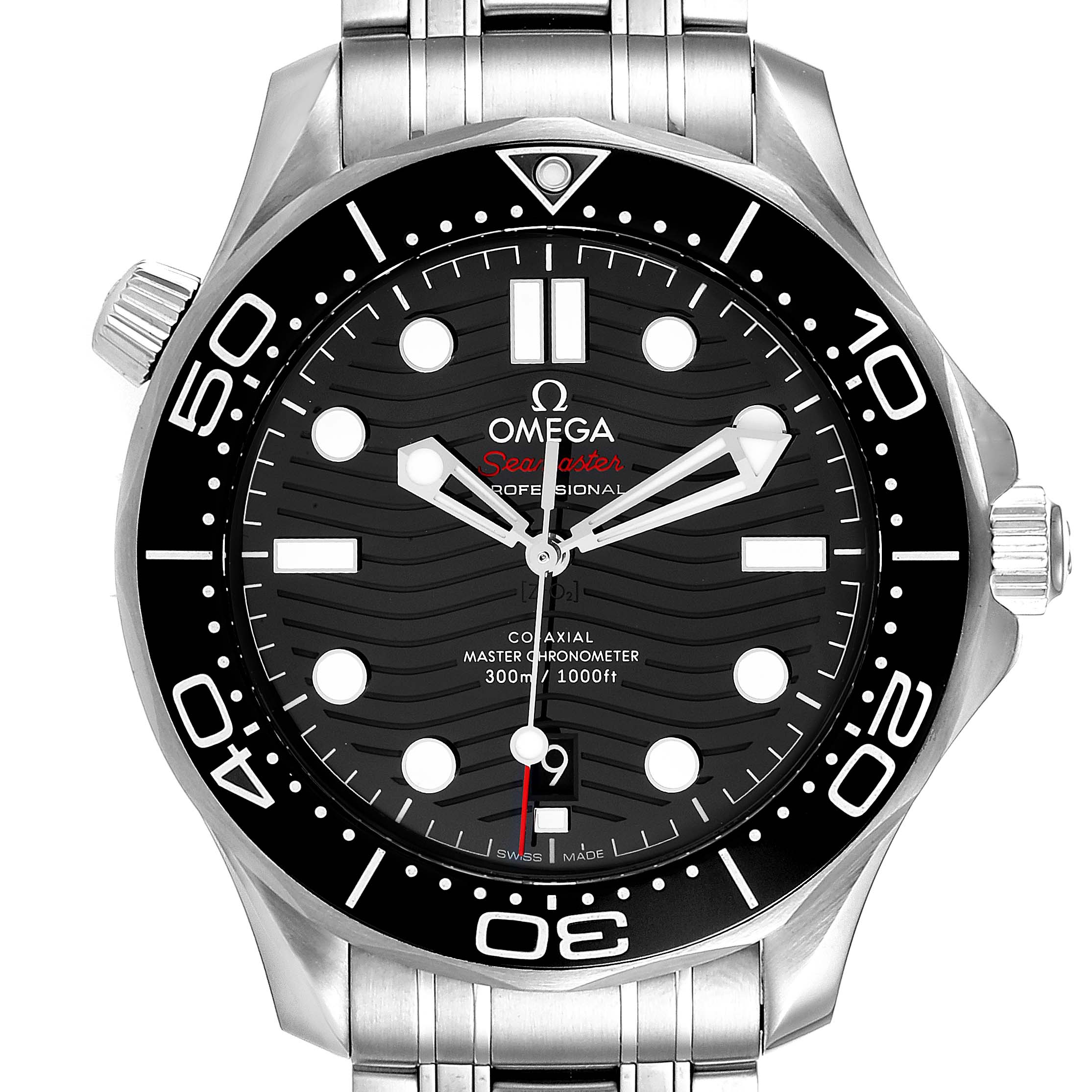 This image shows a front view of an Omega Seamaster 210.30.42.20.01.001 Men's Stainless Steel Black Dial 210.30.42.20.01.001 Men's Stainless Steel Black Dial watch, displaying its black dial, bezel, and stainless steel bracelet.