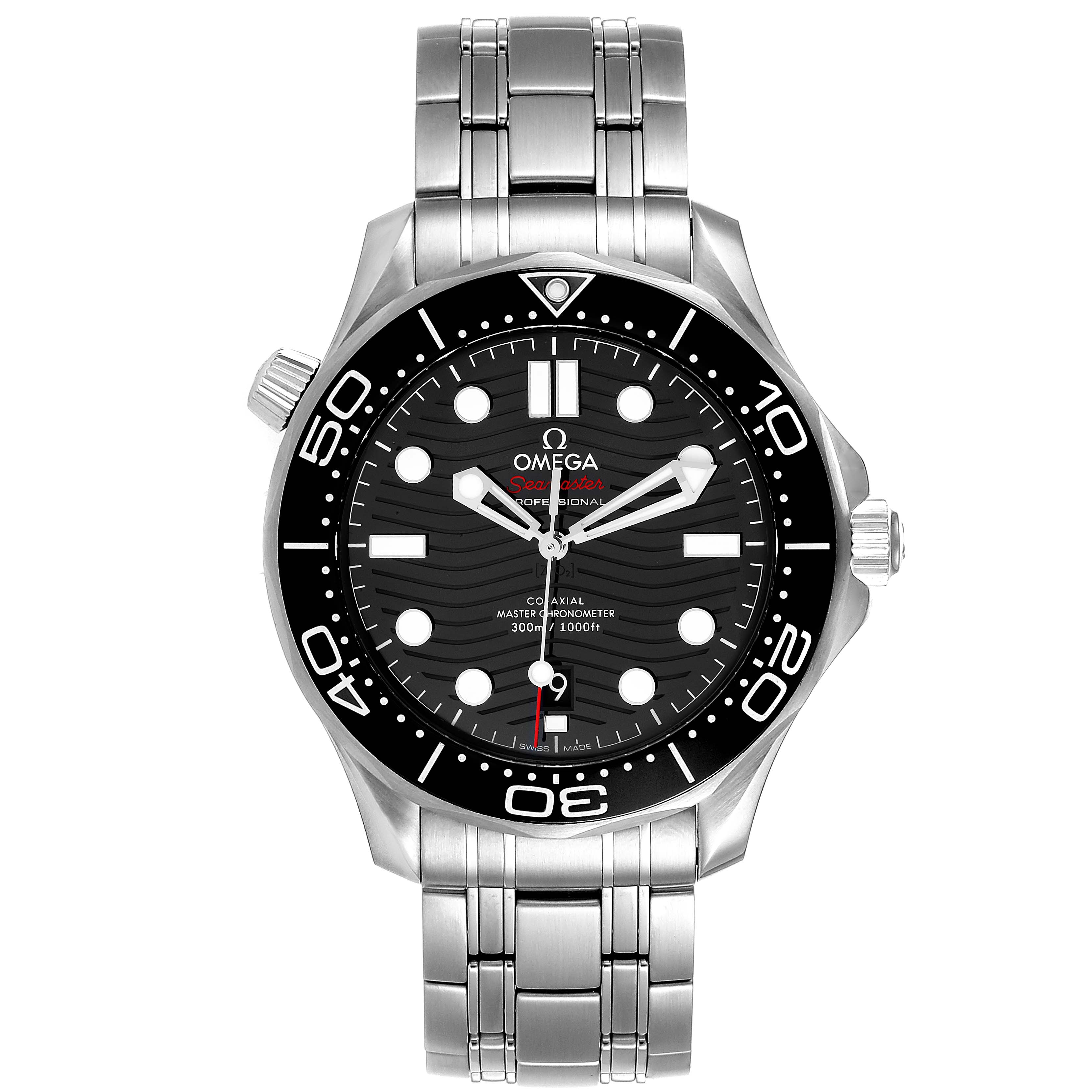 The Omega Seamaster 210.30.42.20.01.001 Men's Stainless Steel Black Dial 210.30.42.20.01.001 Men's Stainless Steel Black Dial watch is photographed from the front, showcasing its face, bezel, and metal bracelet.