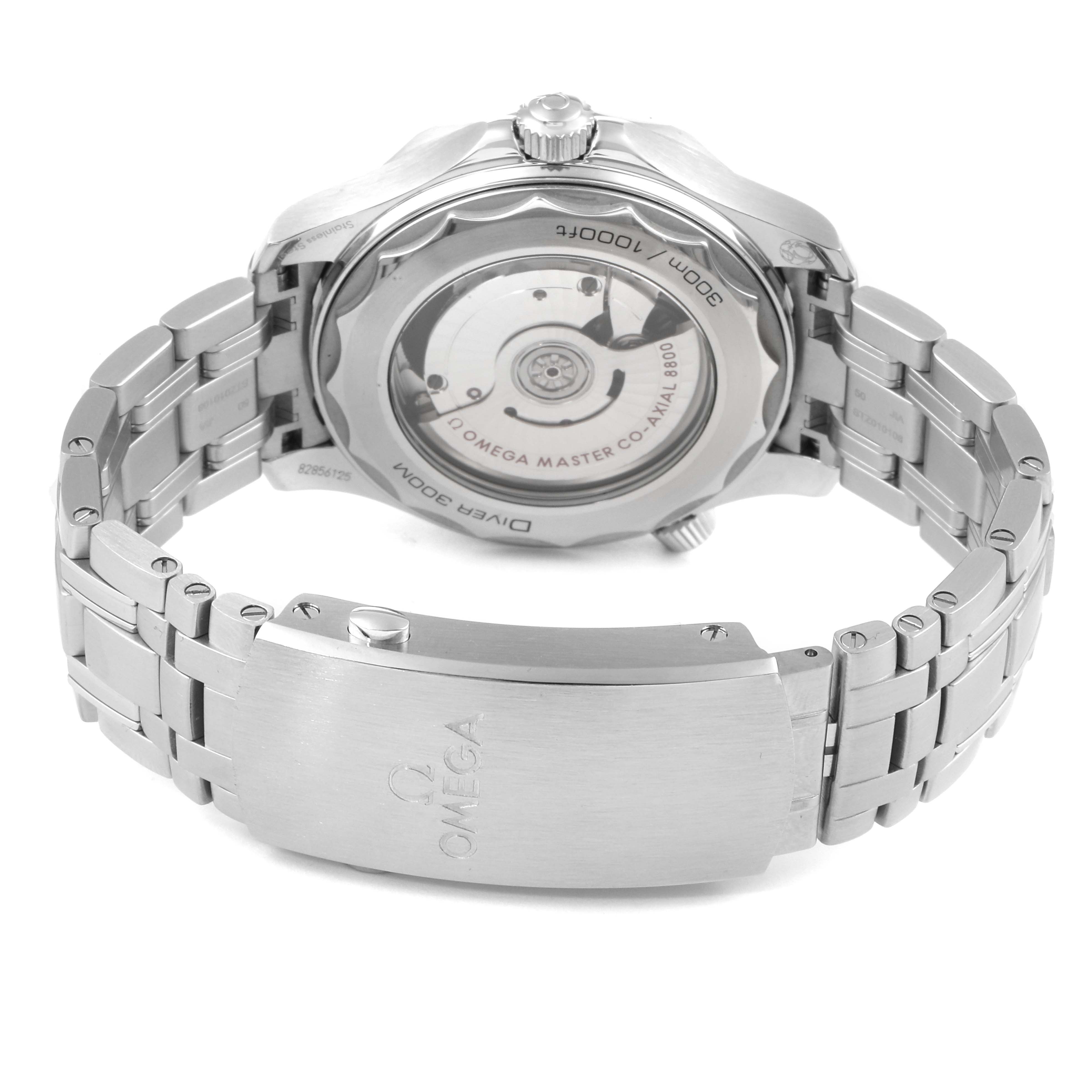 The image shows the back view of an Omega Seamaster 210.30.42.20.01.001 Men's Stainless Steel Black Dial 210.30.42.20.01.001 Men's Stainless Steel Black Dial watch, highlighting its open case back and stainless steel bracelet.