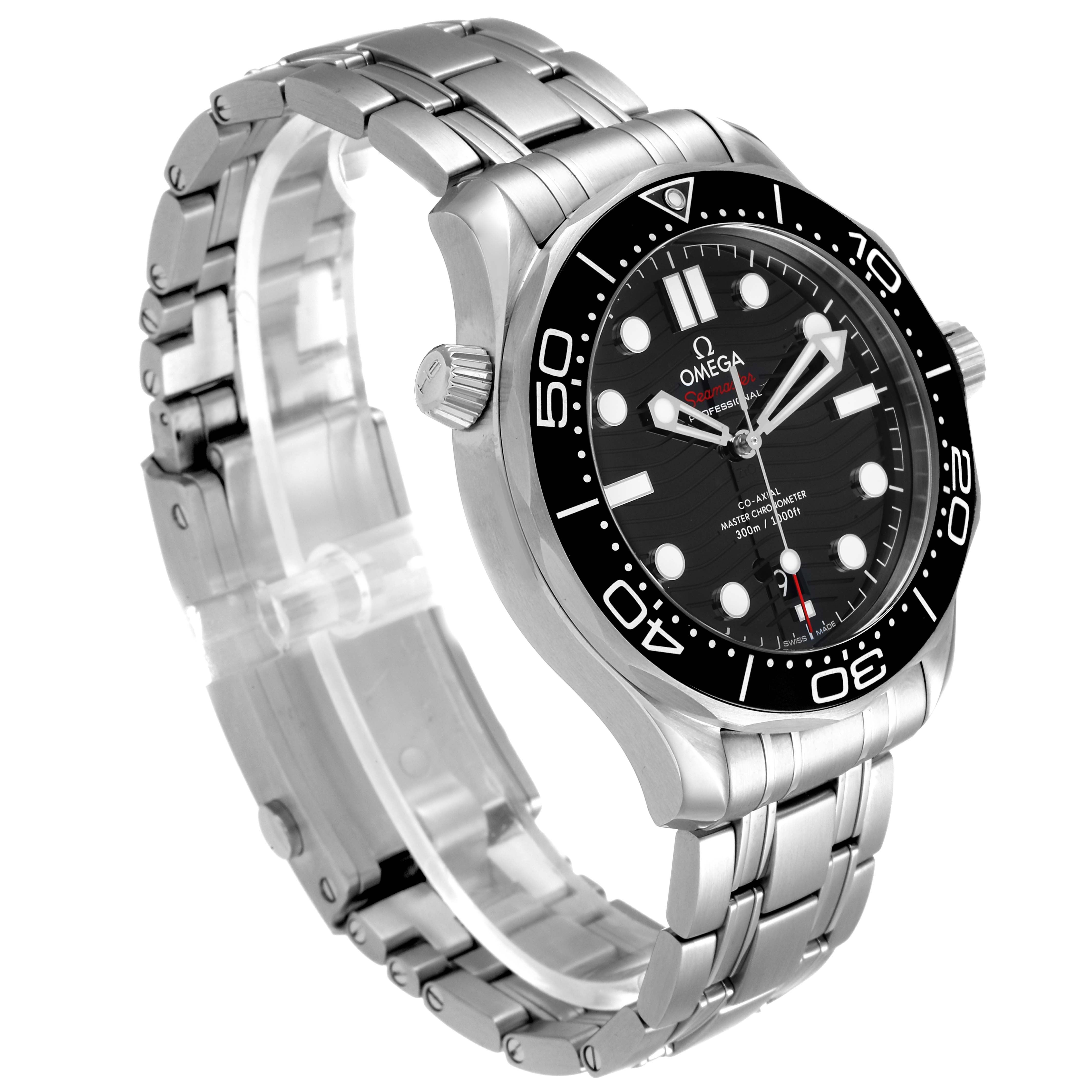 The Omega Seamaster 210.30.42.20.01.001 Men's Stainless Steel Black Dial 210.30.42.20.01.001 Men's Stainless Steel Black Dial watch is shown at a three-quarter angle, displaying its stainless steel case, bezel, and bracelet.