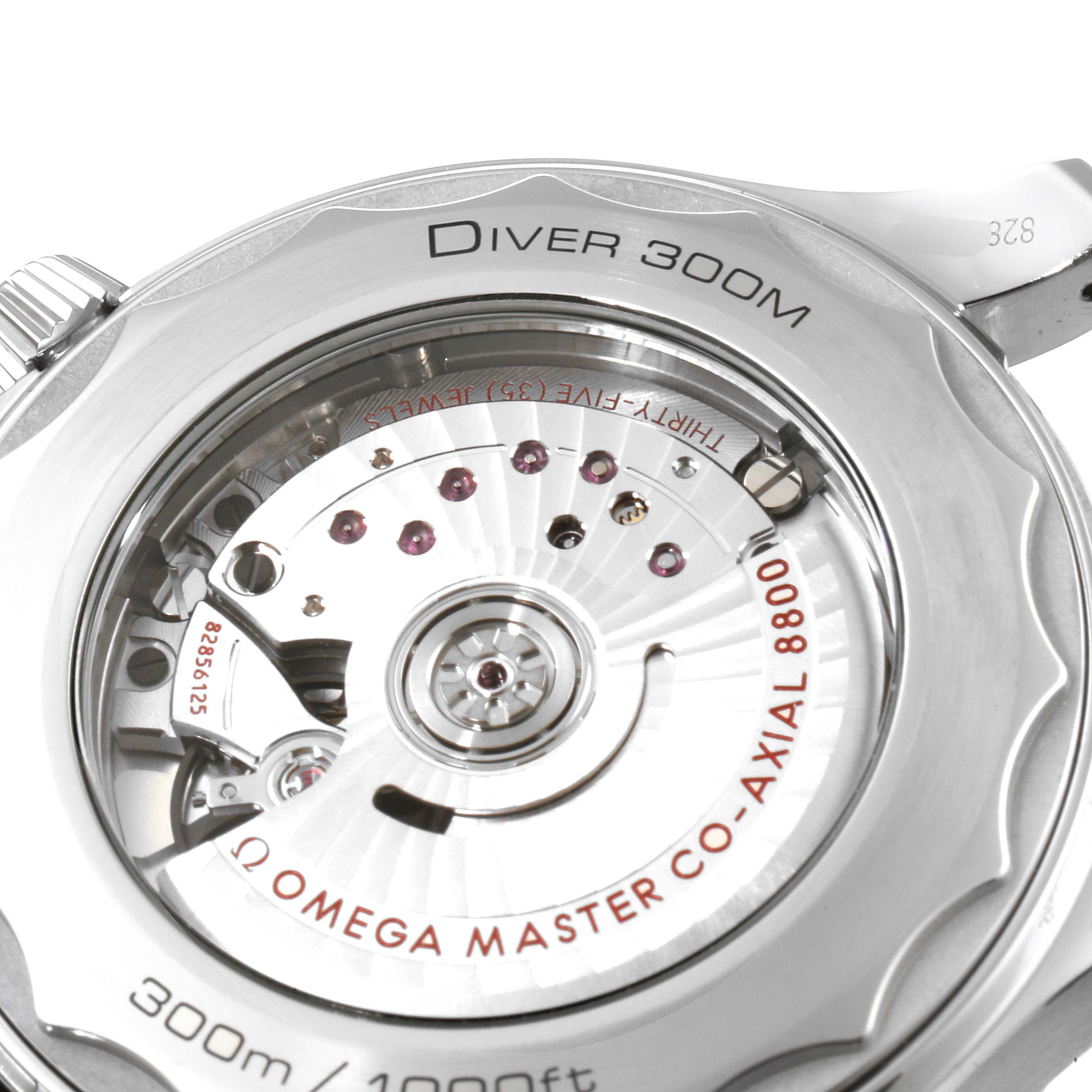 The image shows a close-up of the case back of an Omega Seamaster 210.30.42.20.01.001 Men's Stainless Steel Black Dial 210.30.42.20.01.001 Men's Stainless Steel Black Dial Diver 300M, revealing the inner mechanical movement.