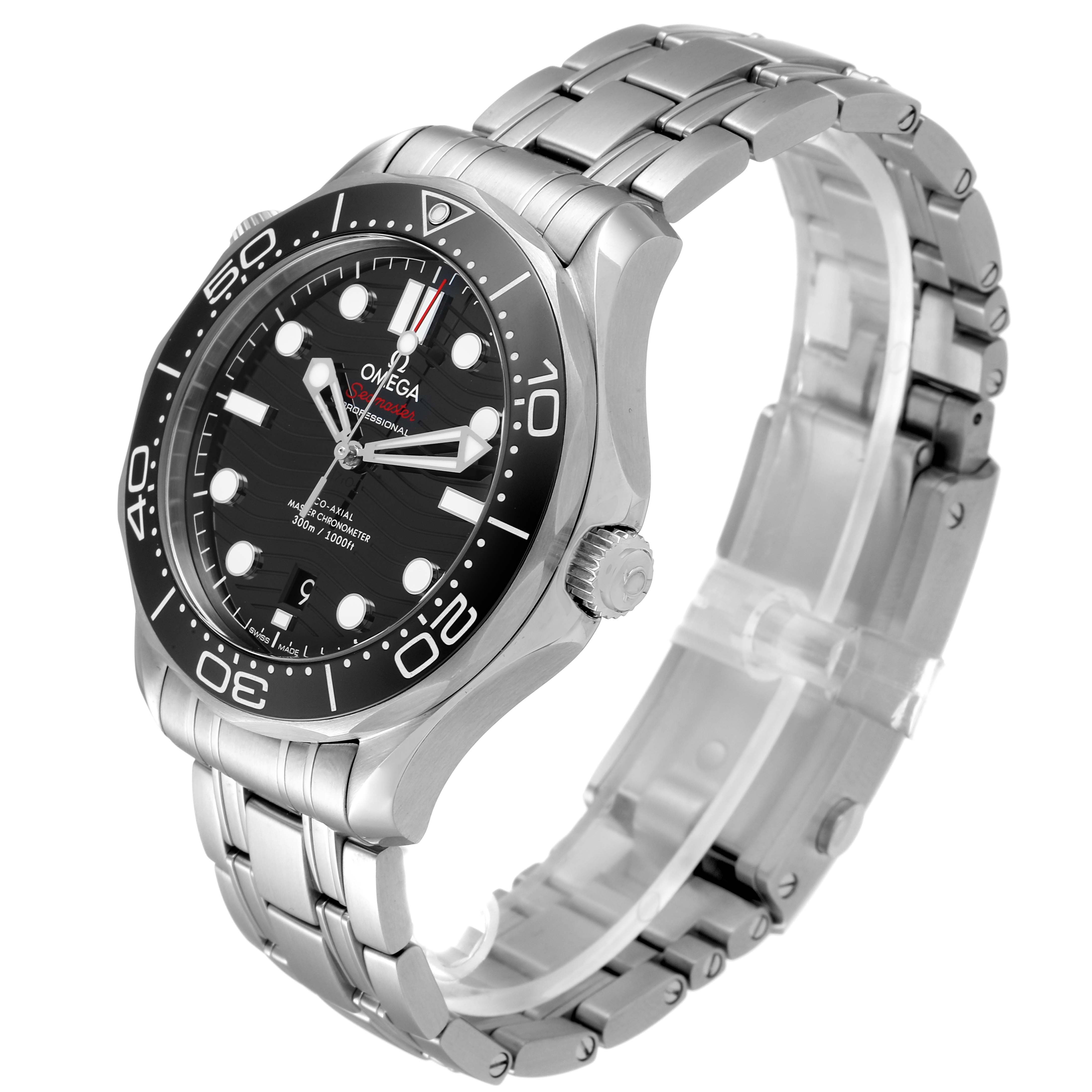 This photo shows the Omega Seamaster 210.30.42.20.01.001 Men's Stainless Steel Black Dial 210.30.42.20.01.001 Men's Stainless Steel Black Dial watch at a three-quarter angle, highlighting the face, bezel, and bracelet.