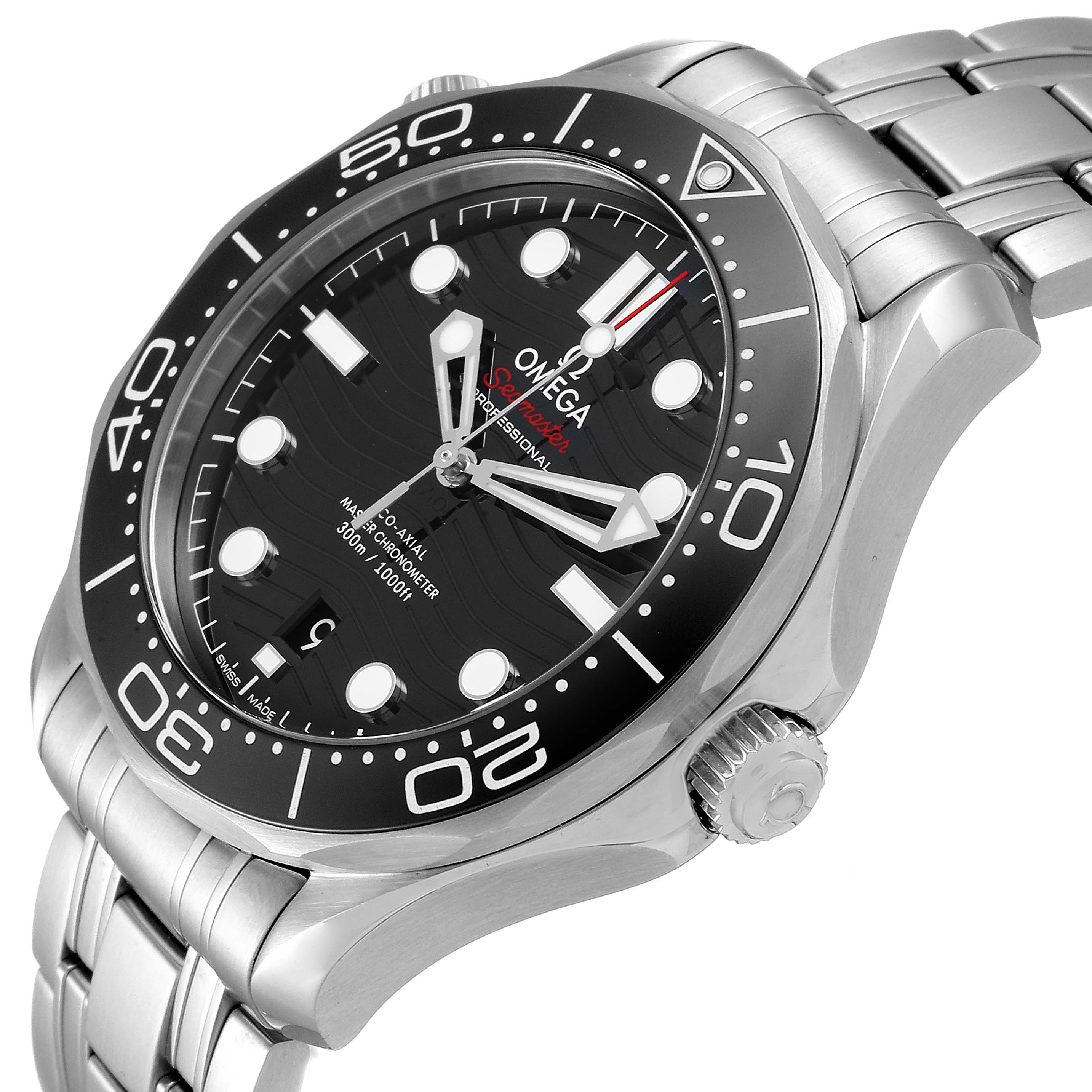 The image shows a side angle view of the Omega Seamaster 210.30.42.20.01.001 Men's Stainless Steel Black Dial 210.30.42.20.01.001 Men's Stainless Steel Black Dial watch, highlighting its bezel, dial, crown, and metal bracelet.