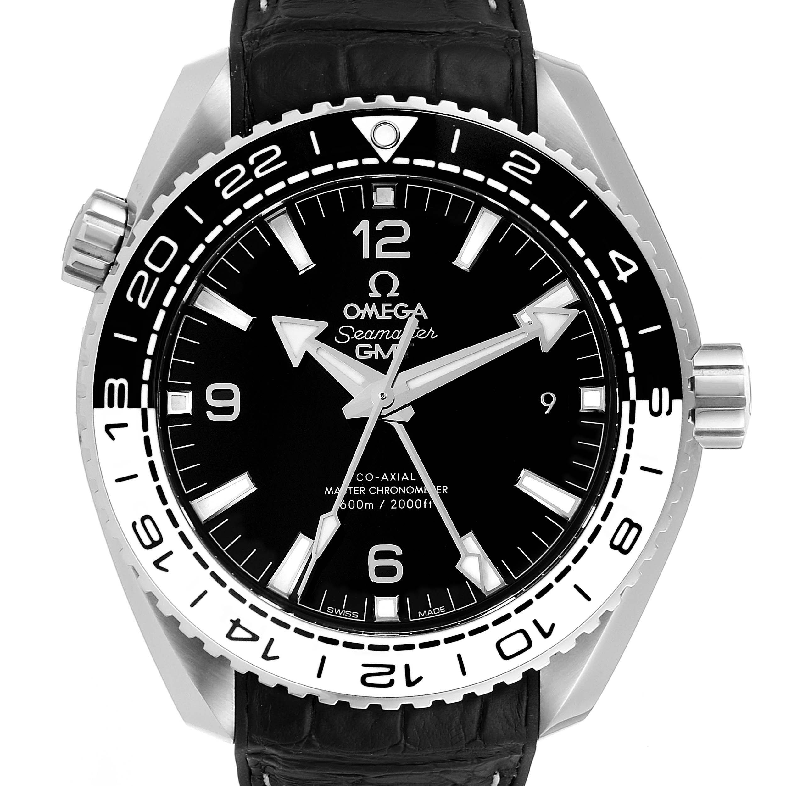 The Omega Seamaster Planet Ocean watch is shown from a front angle, displaying the entire face, bezel, crown, and part of the strap.
