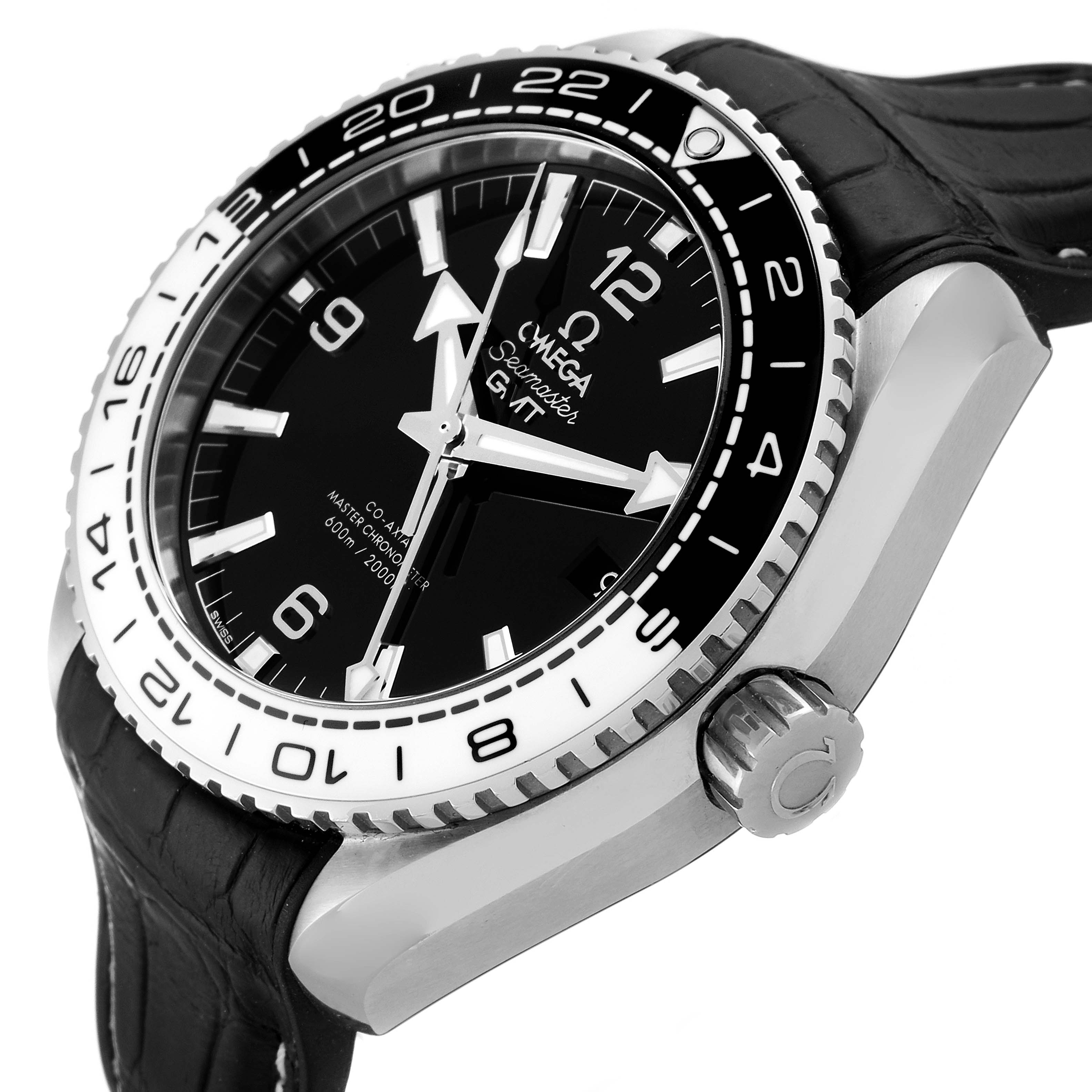 The image shows a side and partial top view of the Omega Planet Ocean 215.33.44.22.03.001 Men's Stainless Steel Black Dial 215.33.44.22.03.001 Men's Stainless Steel Black Dial watch, highlighting its bezel, crown, and strap.