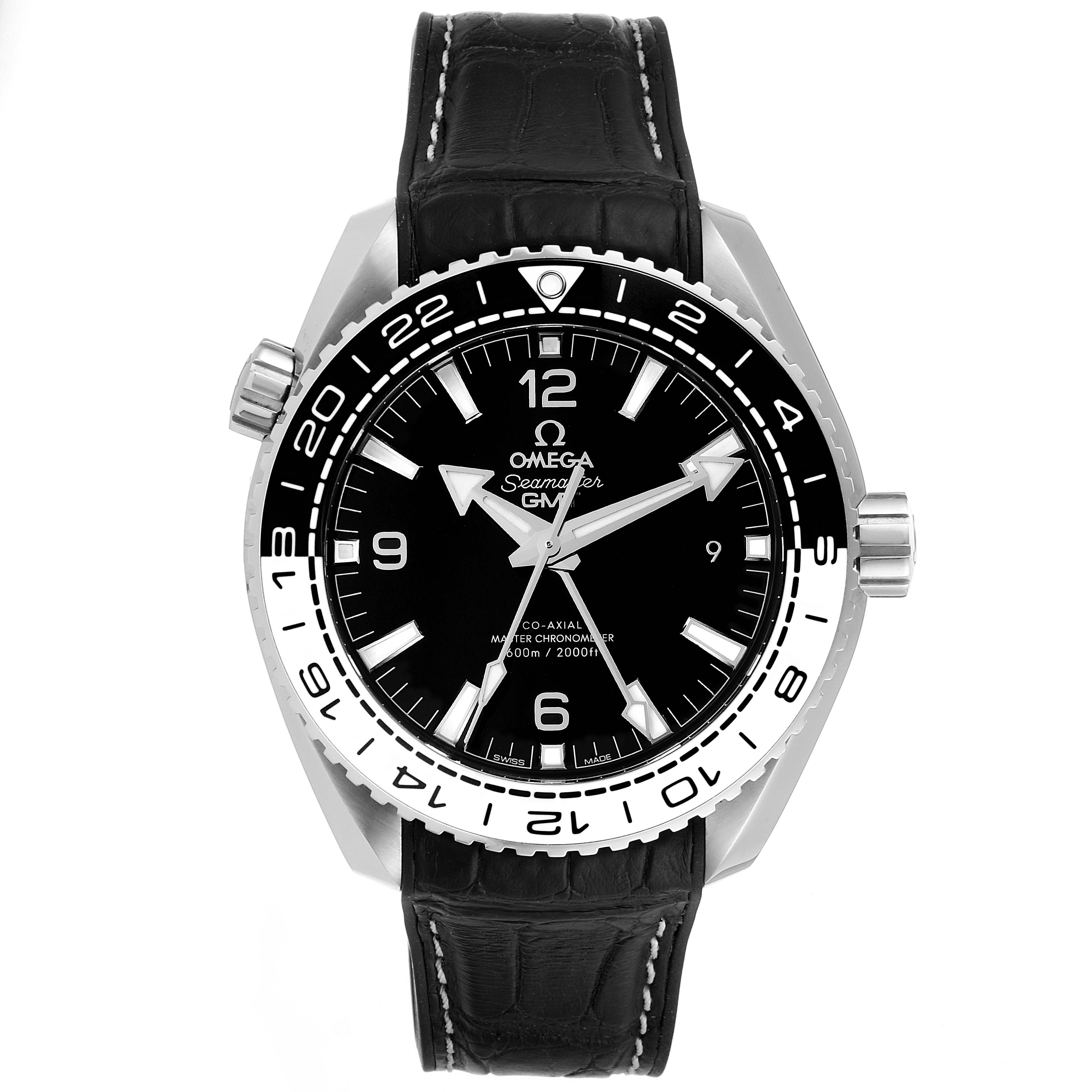 The image shows the front view of the Omega Planet Ocean 215.33.44.22.03.001 Men's Stainless Steel Black Dial 215.33.44.22.03.001 Men's Stainless Steel Black Dial watch, highlighting its dial, bezel, and leather strap.