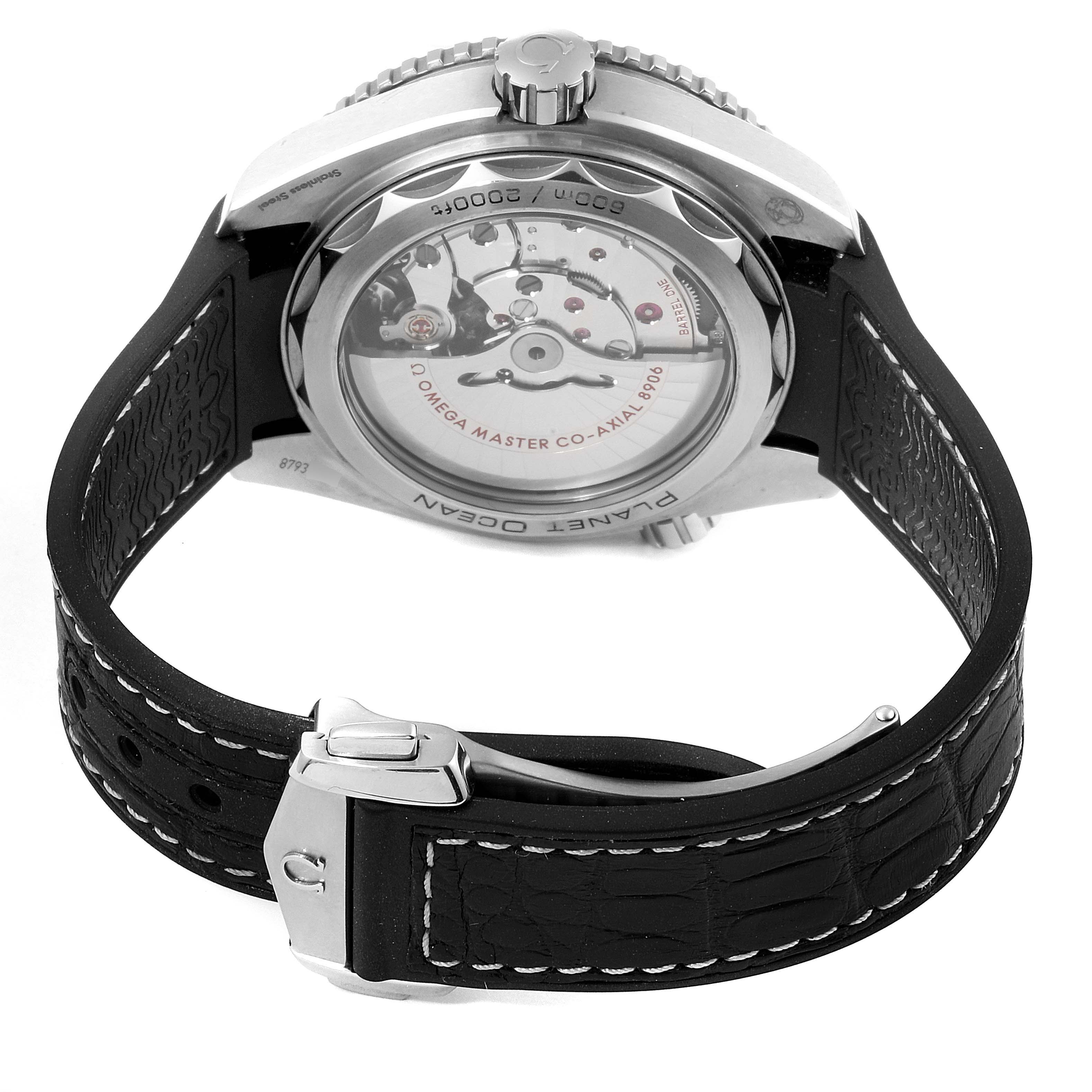 The image shows the back view of the Omega Planet Ocean 215.33.44.22.03.001 Men's Stainless Steel Black Dial 215.33.44.22.03.001 Men's Stainless Steel Black Dial watch, highlighting the movement through a transparent case back and the strap.