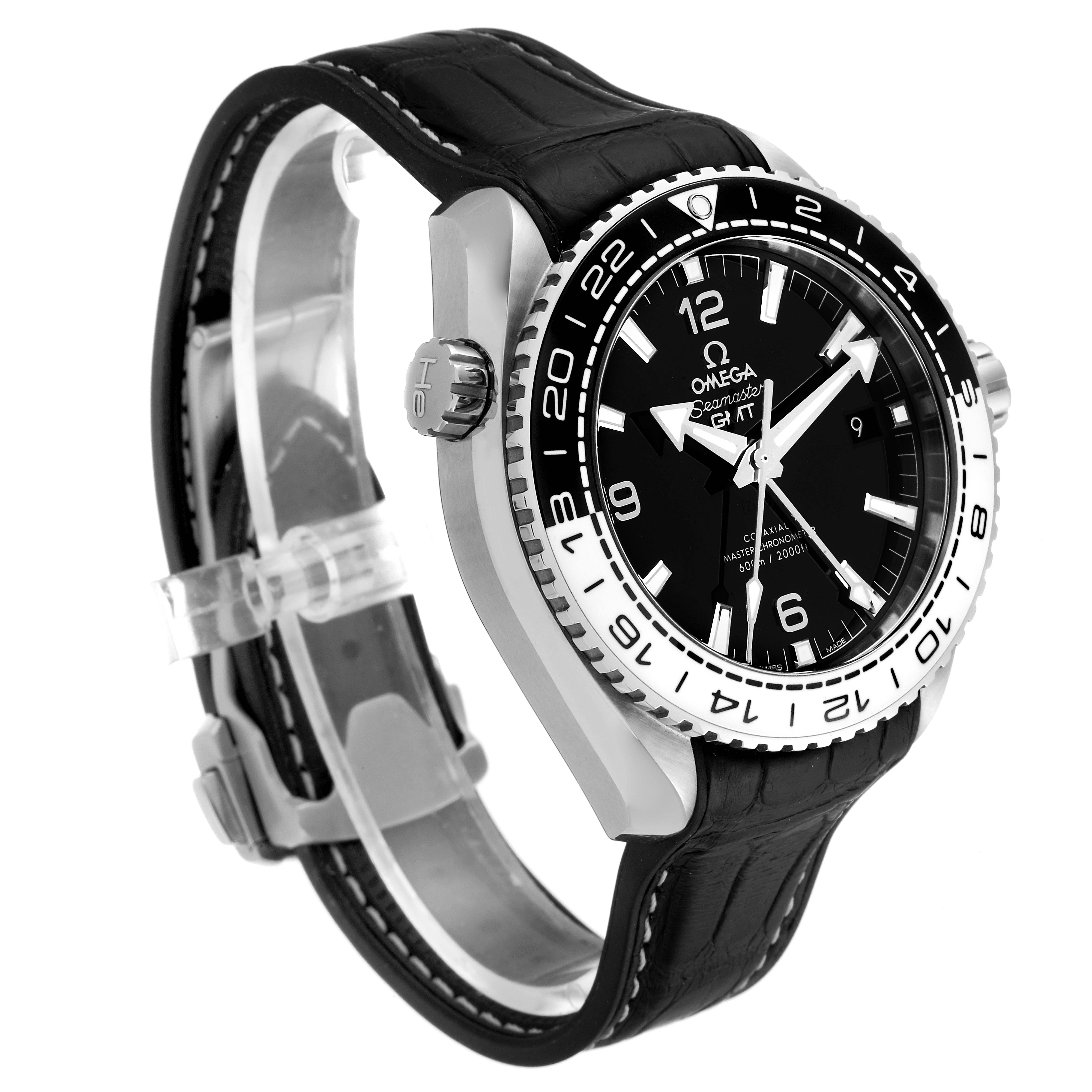 This image shows the front and side view of the Omega Planet Ocean 215.33.44.22.03.001 Men's Stainless Steel Black Dial 215.33.44.22.03.001 Men's Stainless Steel Black Dial watch, highlighting the dial, bezel, crown, and leather strap.