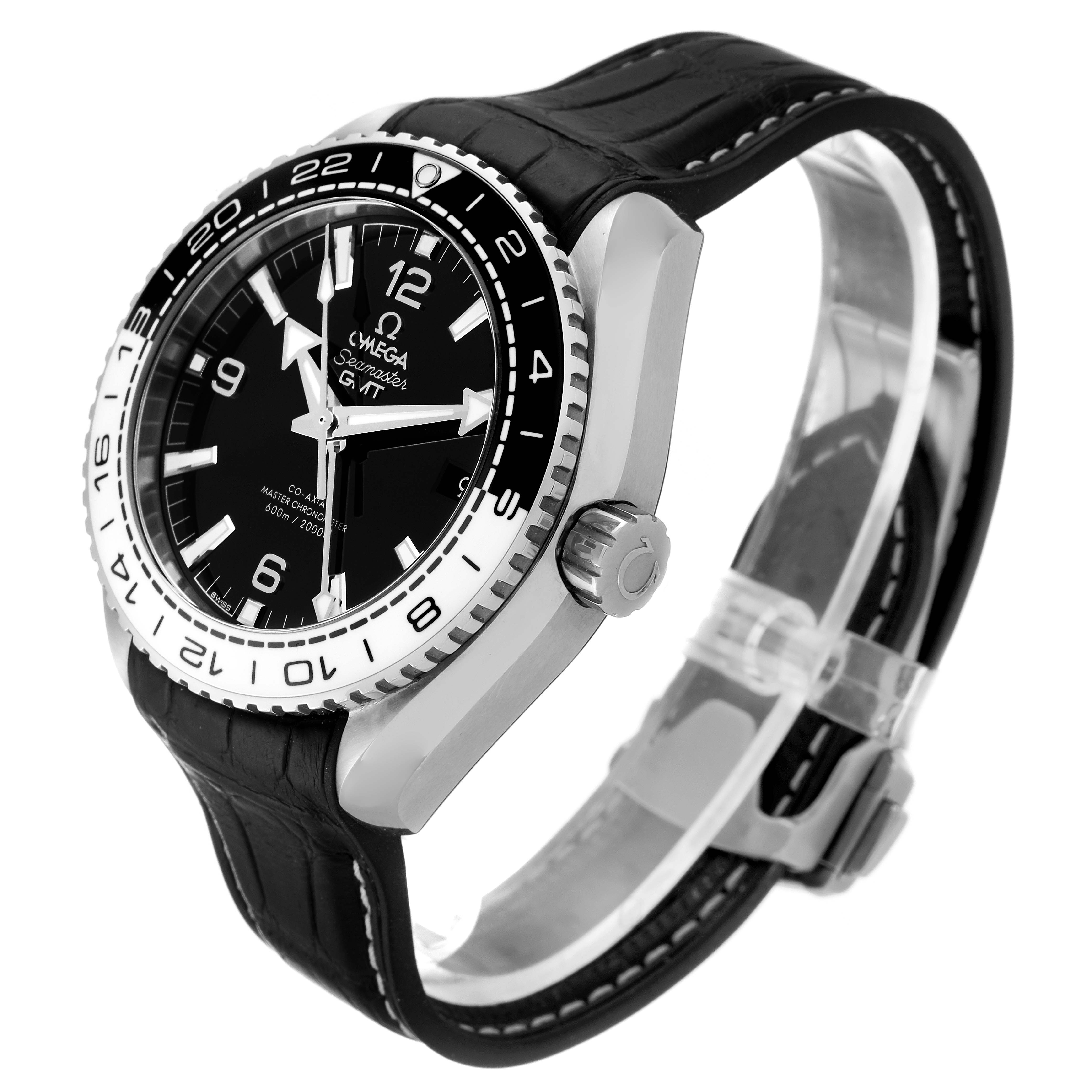 The Omega Planet Ocean 215.33.44.22.03.001 Men's Stainless Steel Black Dial 215.33.44.22.03.001 Men's Stainless Steel Black Dial watch is shown at an angle, displaying the face, bezel, crown, and part of the strap.