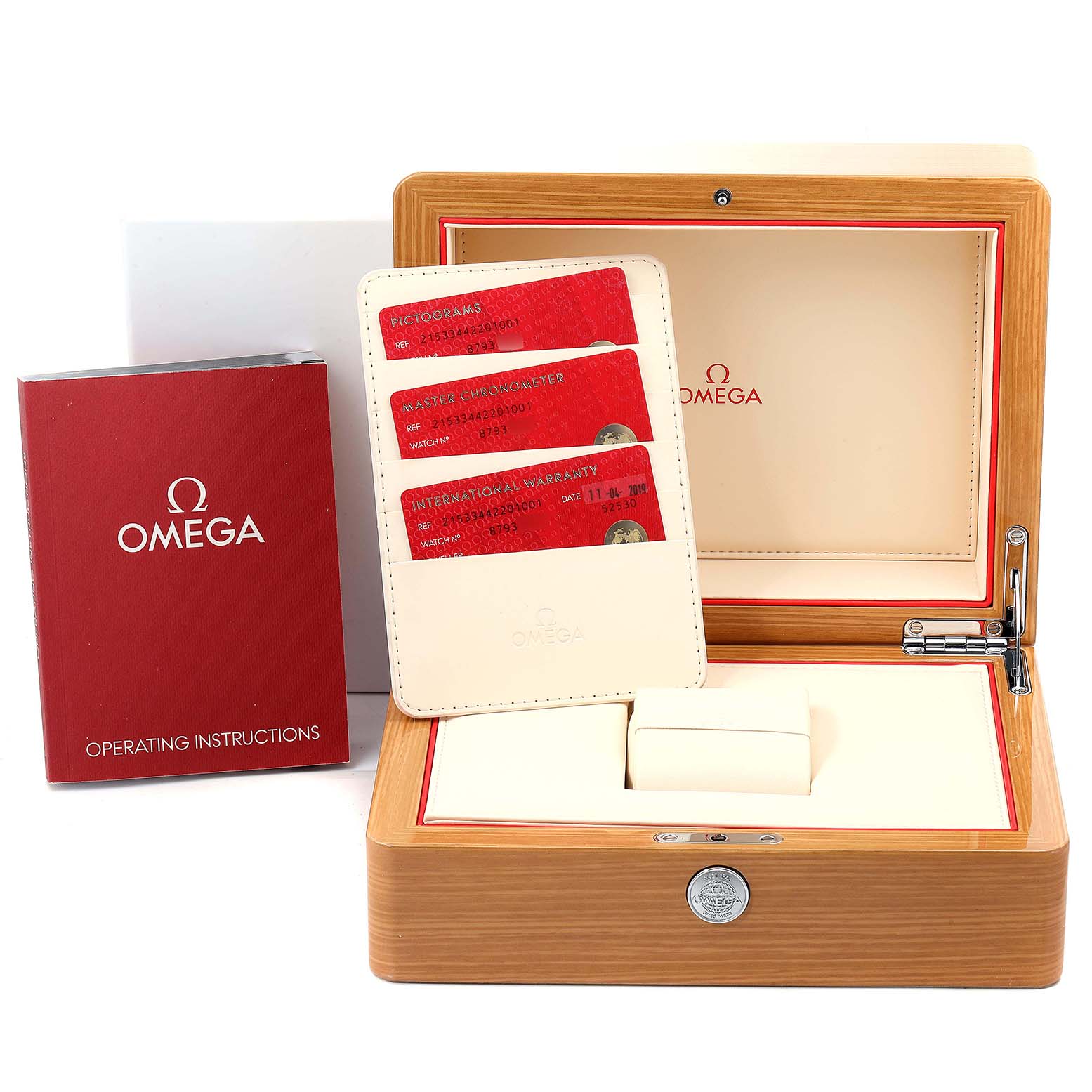 This image shows the Omega Planet Ocean 215.33.44.22.03.001 Men's Stainless Steel Black Dial 215.33.44.22.03.001 Men's Stainless Steel Black Dial watch presentation box, warranty cards, and operating instructions.