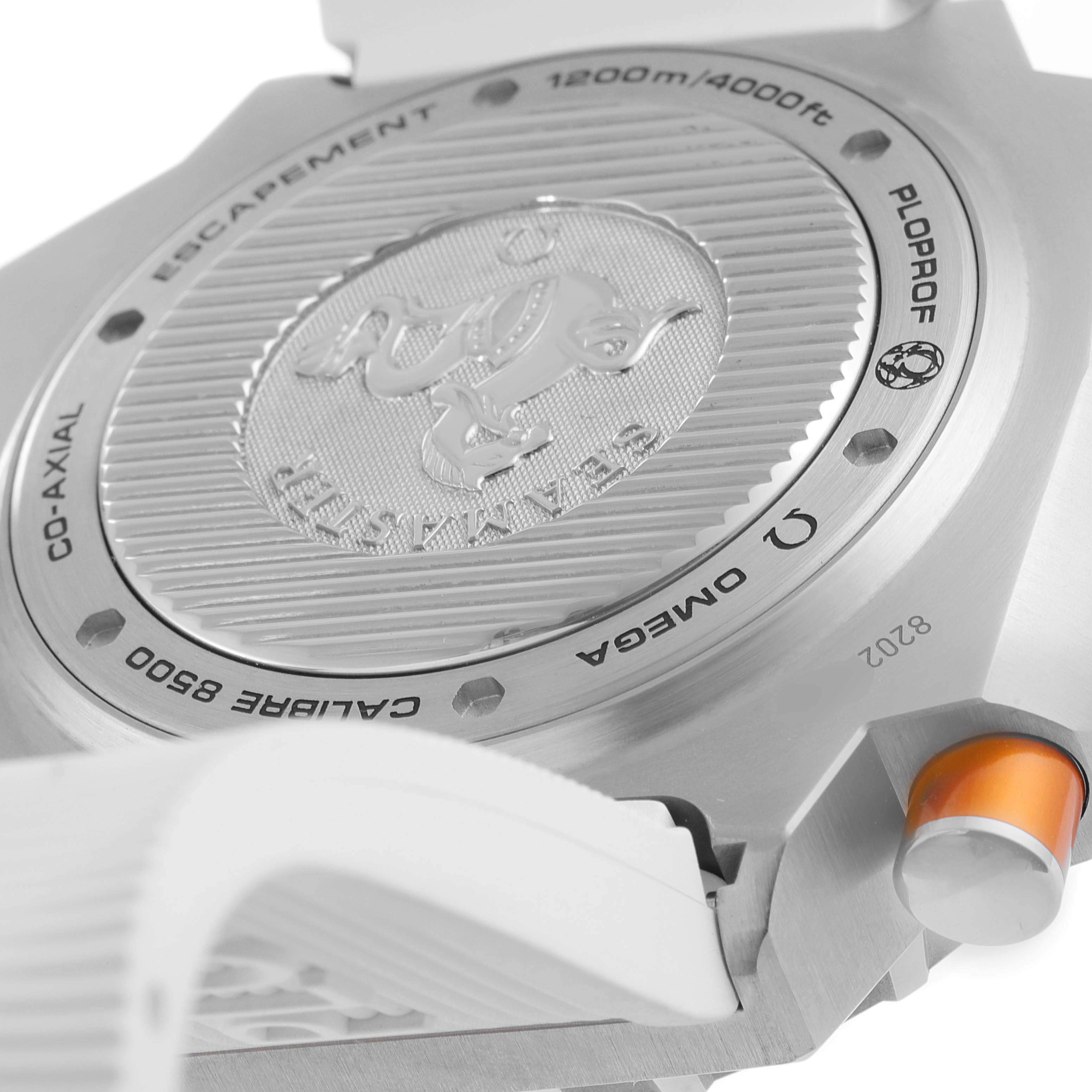 The image shows the back of an Omega Ploprof 224.32.55.21.04.001 Men
s Stainless Steel White Dial 224.32.55.21.04.001 Men
s Stainless Steel White Dial watch with its caseback, branding, and part of the strap and crown.