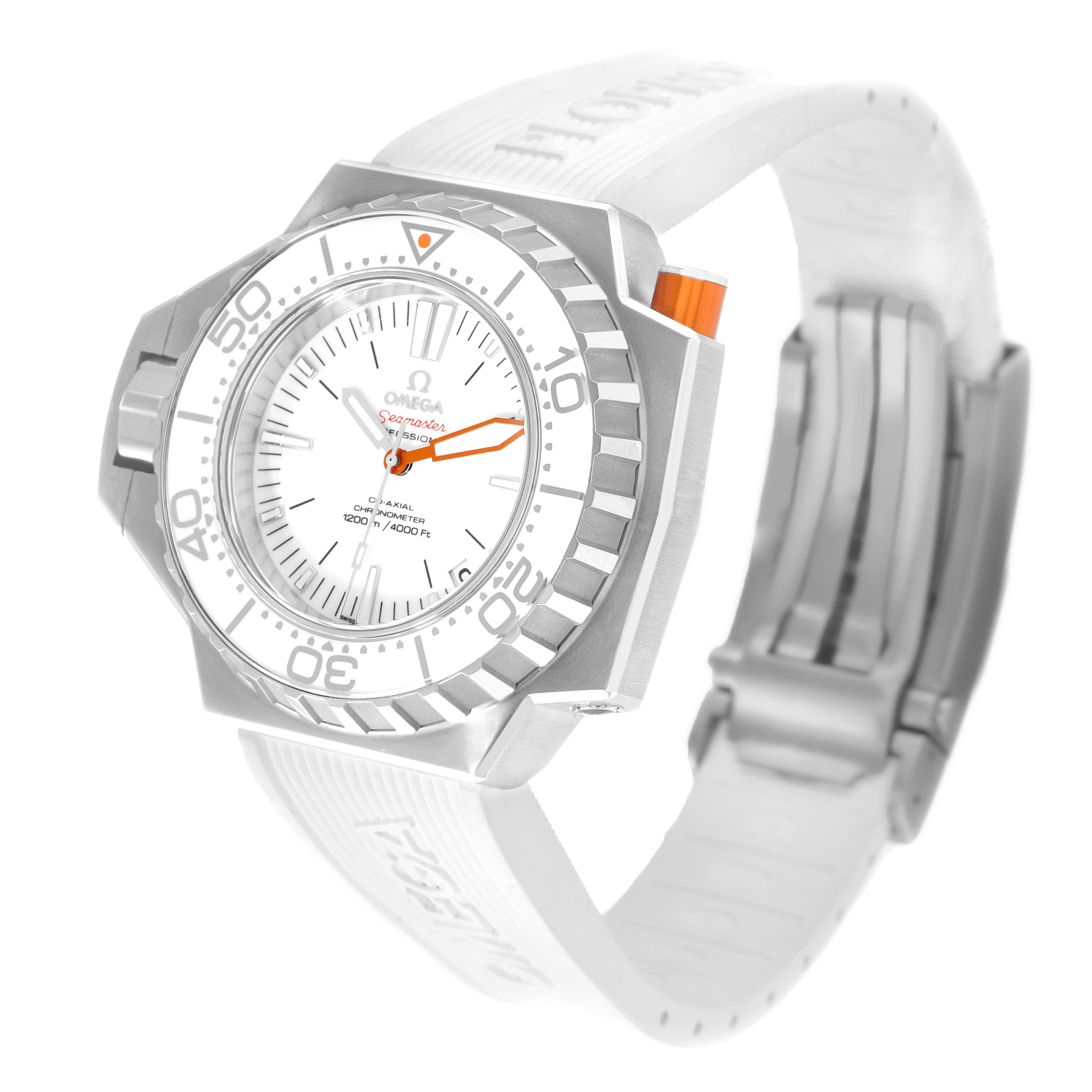 The image shows an angled view of an Omega Ploprof 224.32.55.21.04.001 Men
s Stainless Steel White Dial 224.32.55.21.04.001 Men
s Stainless Steel White Dial watch, highlighting the face, bezel, and partially open strap with the buckle.