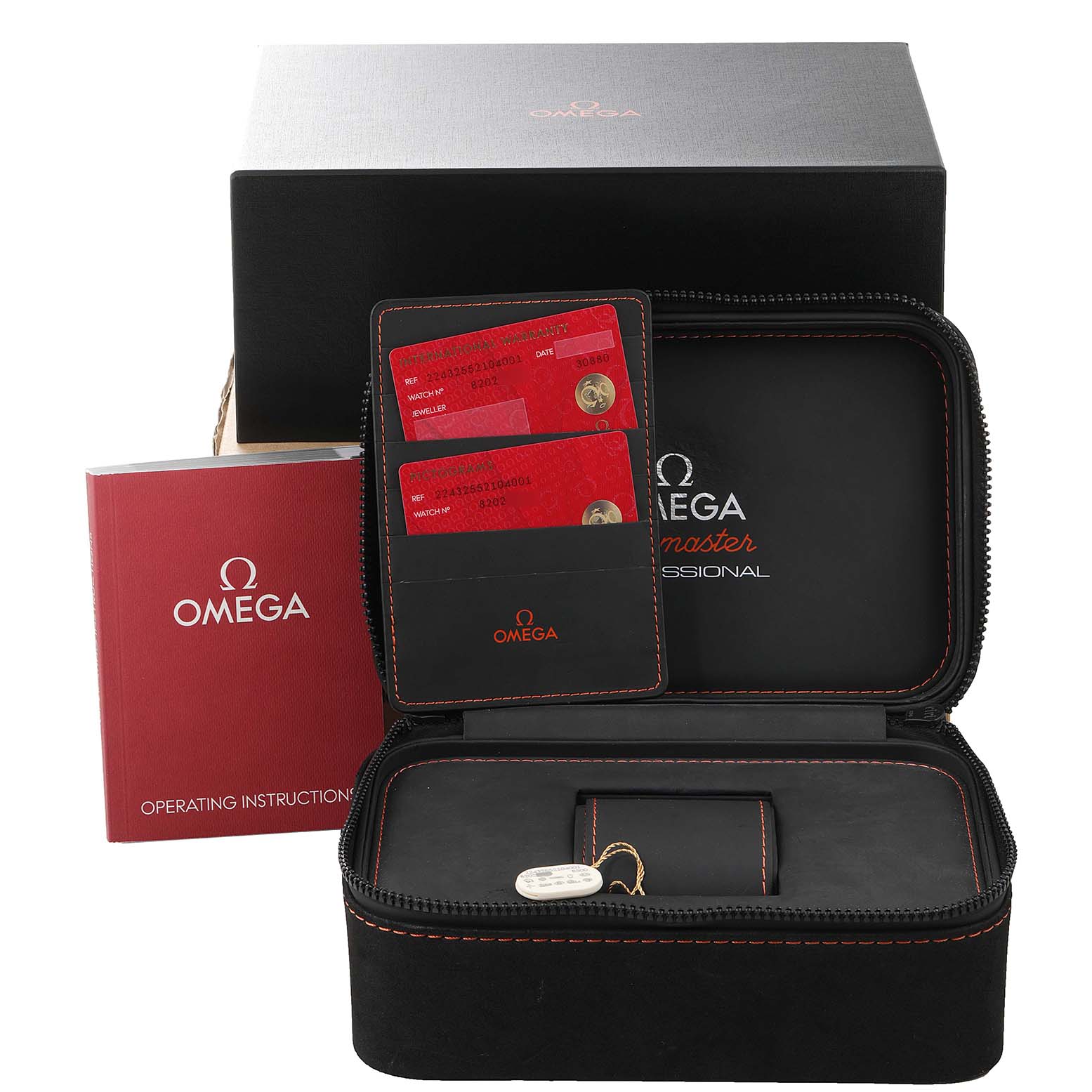 The image shows the packaging, instruction manual, and warranty cards for an Omega Ploprof 224.32.55.21.04.001 Men
s Stainless Steel White Dial 224.32.55.21.04.001 Men
s Stainless Steel White Dial watch.