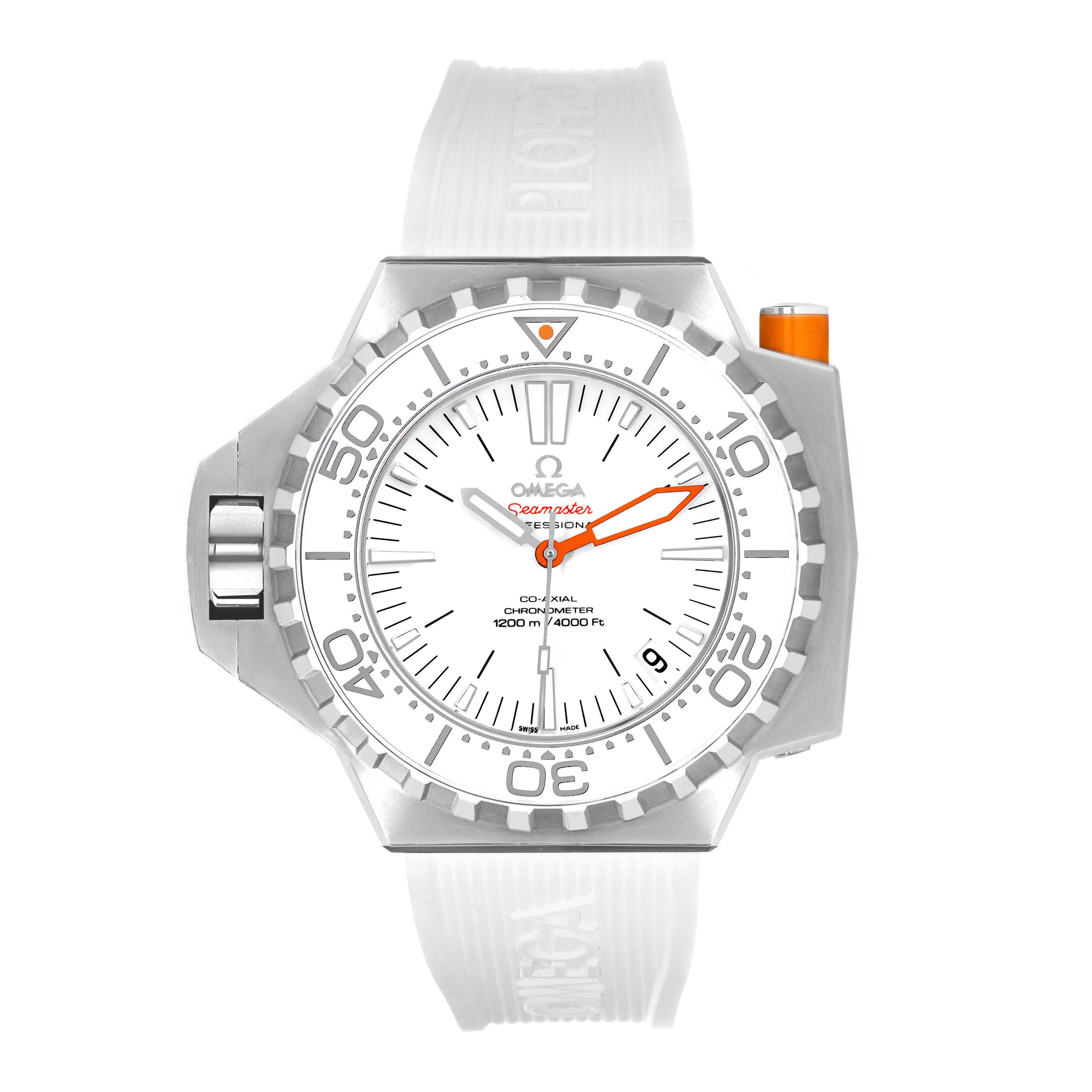 The image shows a front view of an Omega Ploprof 224.32.55.21.04.001 Men
s Stainless Steel White Dial 224.32.55.21.04.001 Men
s Stainless Steel White Dial watch, highlighting its dial, bezel, and rubber strap.