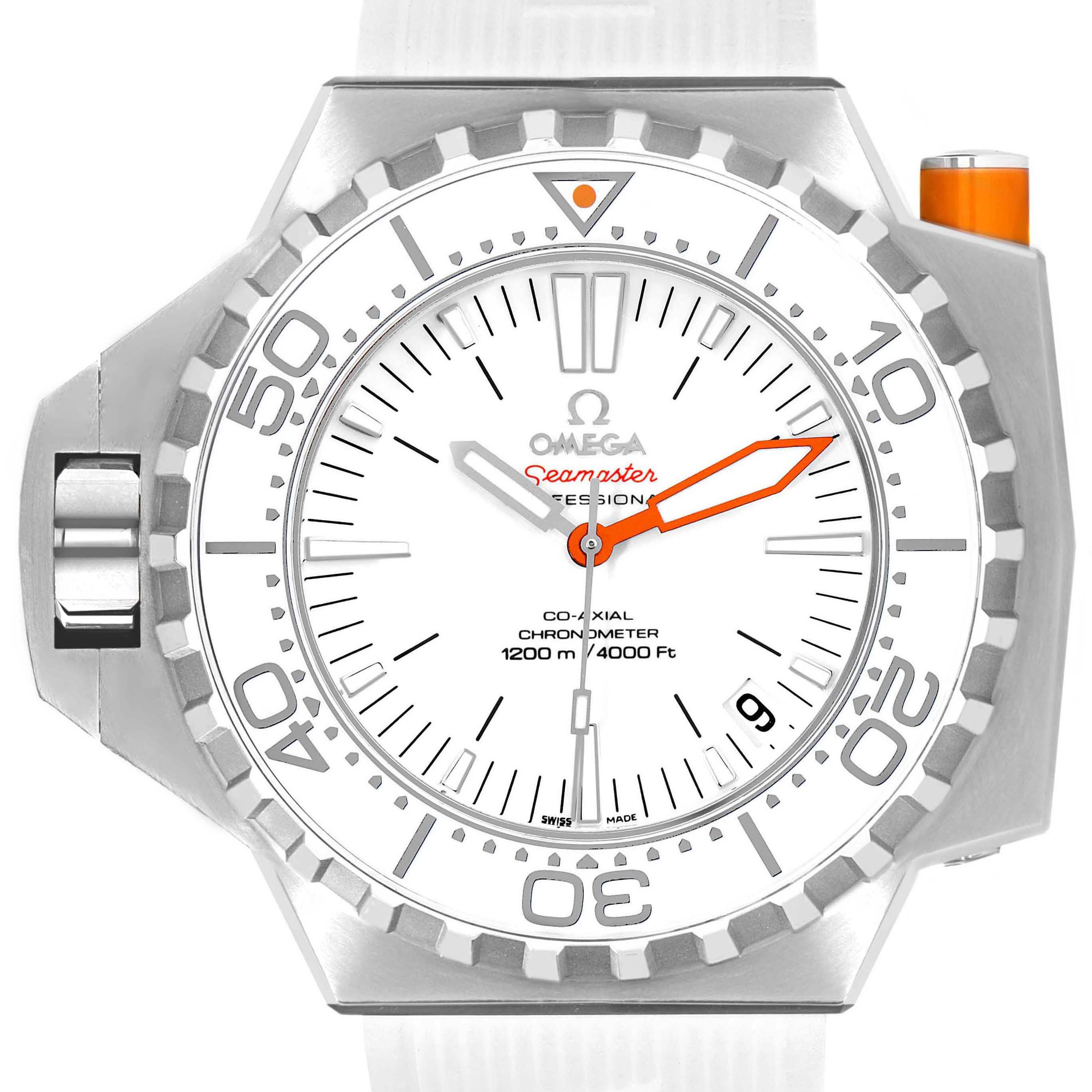 The image shows a front view of the Omega Seamaster Ploprof watch, displaying the dial, bezel, and crown guard.