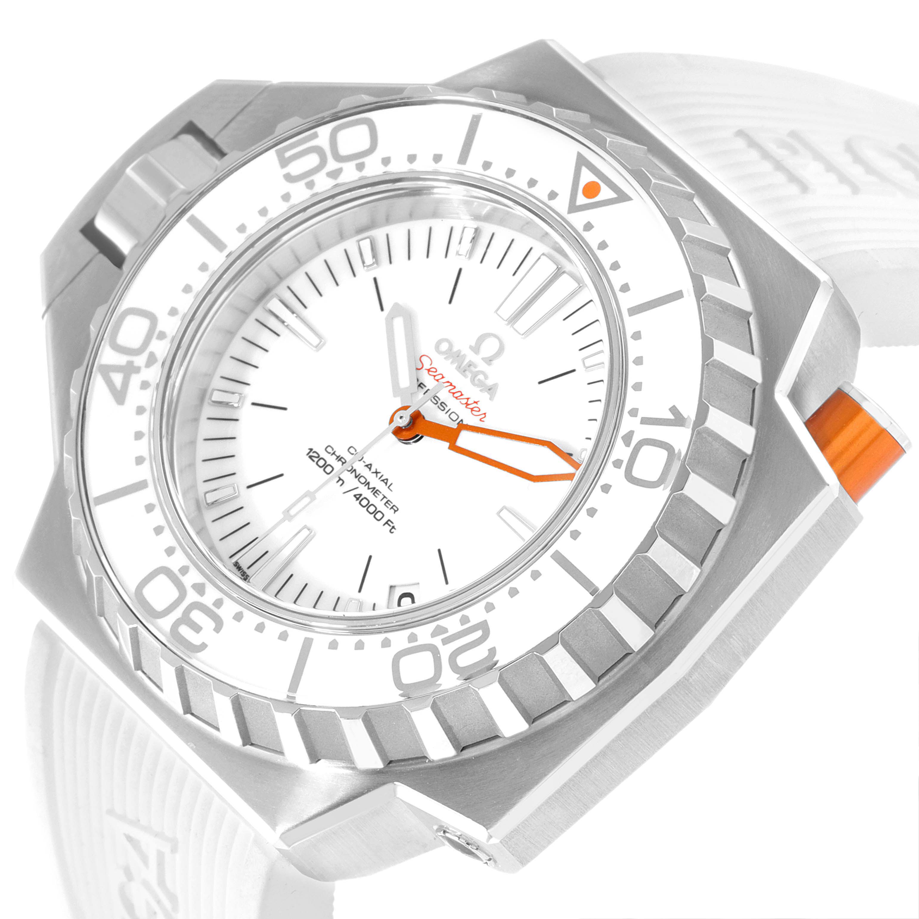 The image shows the Omega Ploprof 224.32.55.21.04.001 Men
s Stainless Steel White Dial 224.32.55.21.04.001 Men
s Stainless Steel White Dial watch face and bezel at a slight angle, highlighting its hands, markers, and part of the strap.