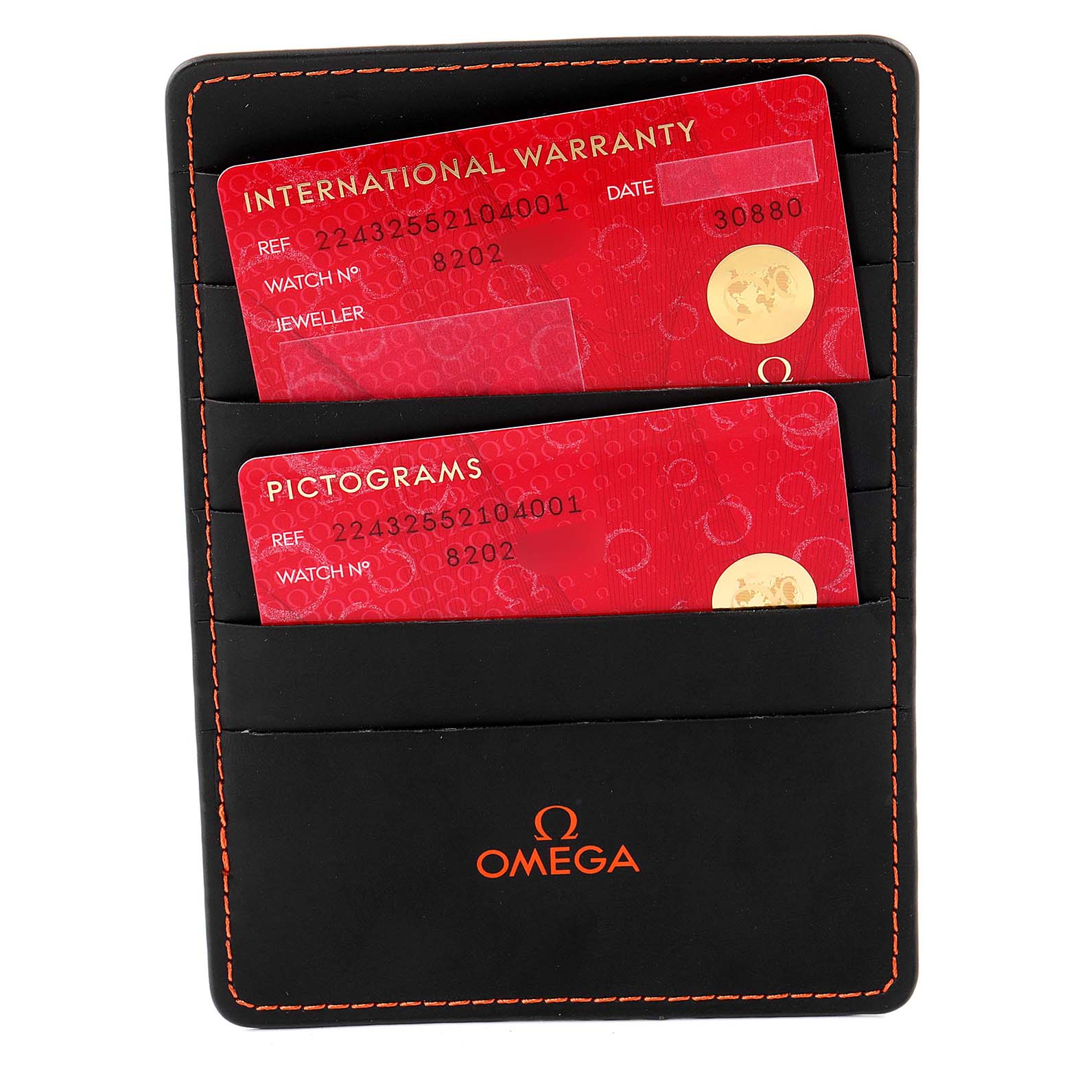 The image shows the Omega Ploprof 224.32.55.21.04.001 Men
s Stainless Steel White Dial 224.32.55.21.04.001 Men
s Stainless Steel White Dial model
s warranty and pictogram cards in a black cardholder with orange stitching.