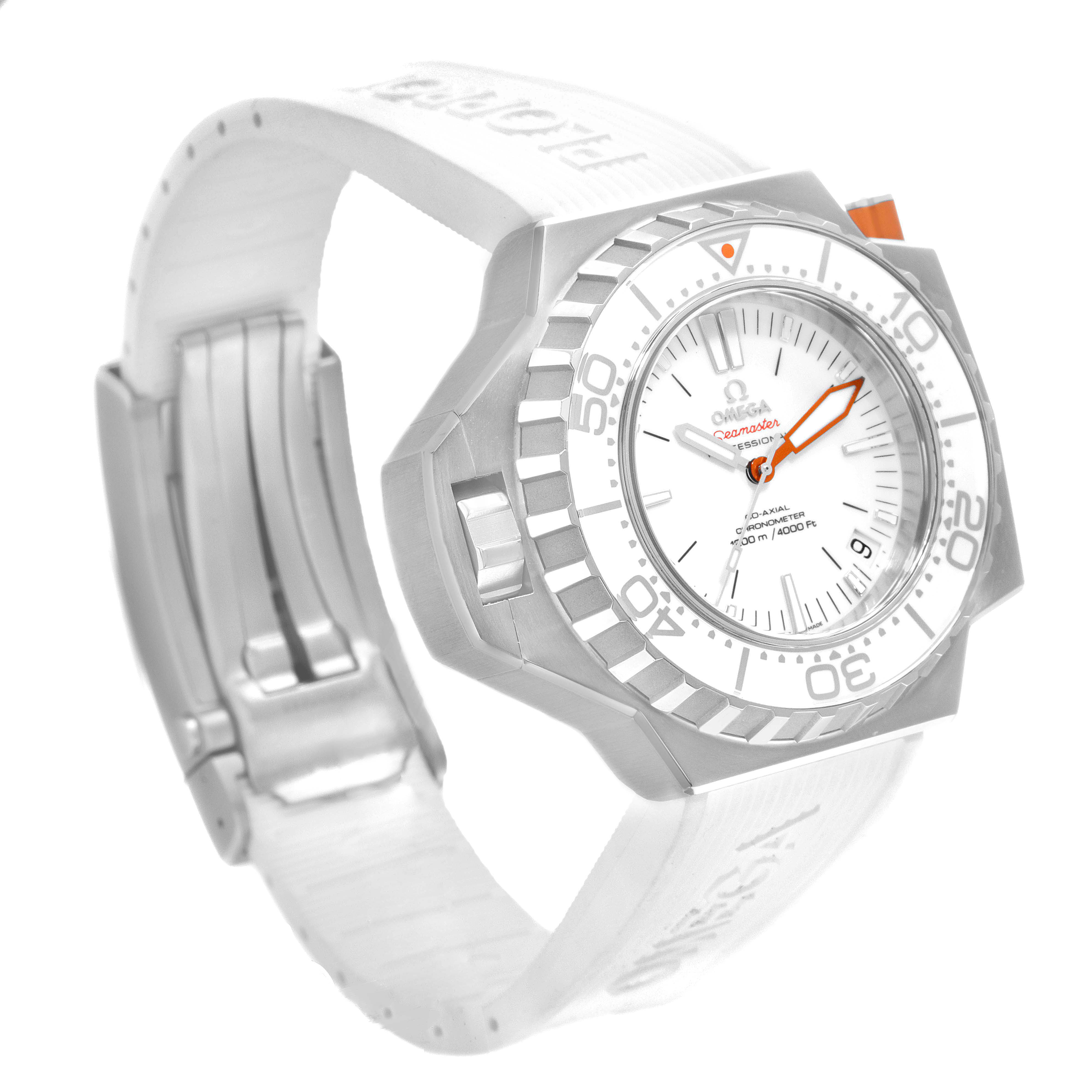 The Omega Ploprof 224.32.55.21.04.001 Men
s Stainless Steel White Dial 224.32.55.21.04.001 Men
s Stainless Steel White Dial watch is shown at a three-quarter angle, highlighting its bezel, dial, and strap.