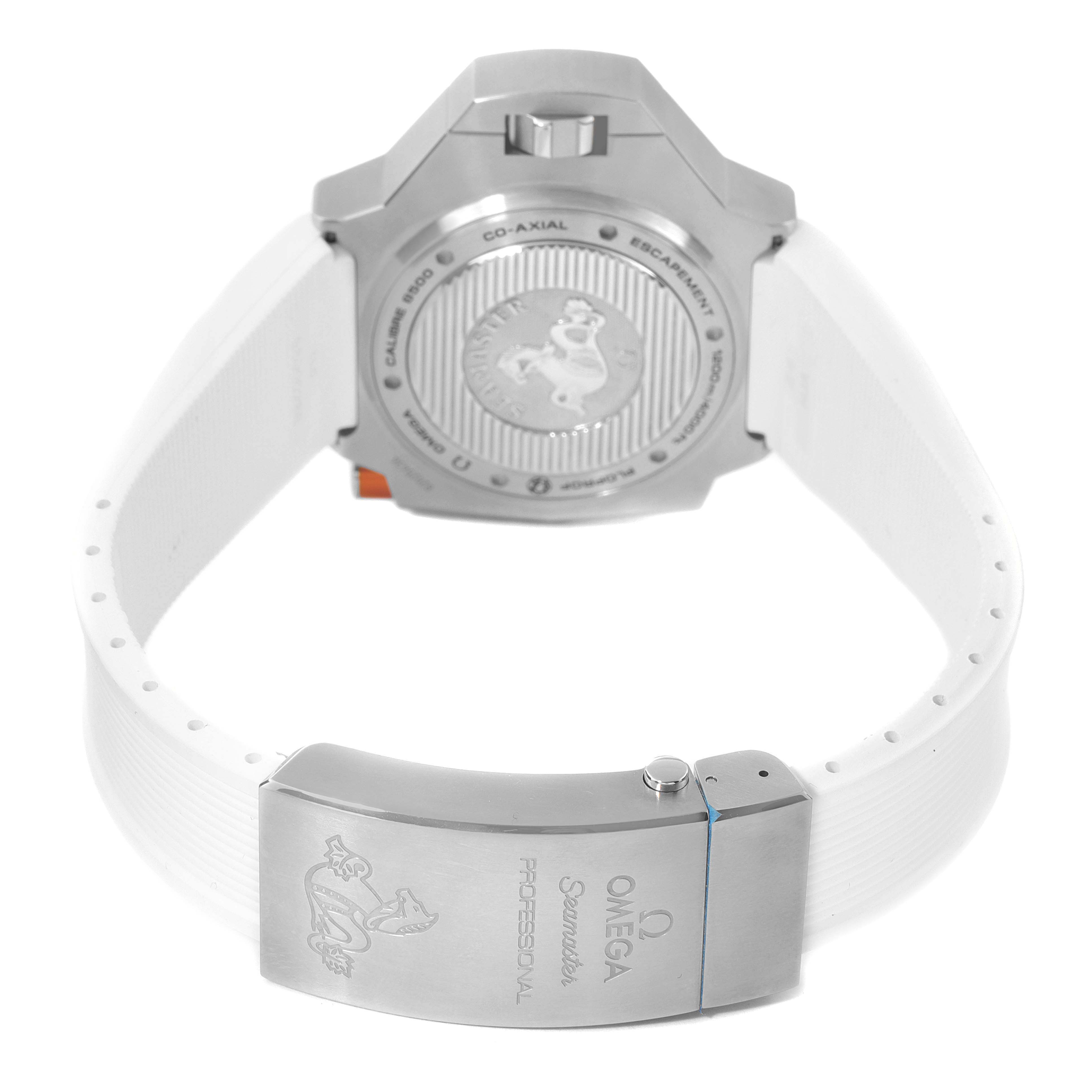 The image shows the back view of the Omega Seamaster Ploprof watch, focusing on the case back and clasp with branding.