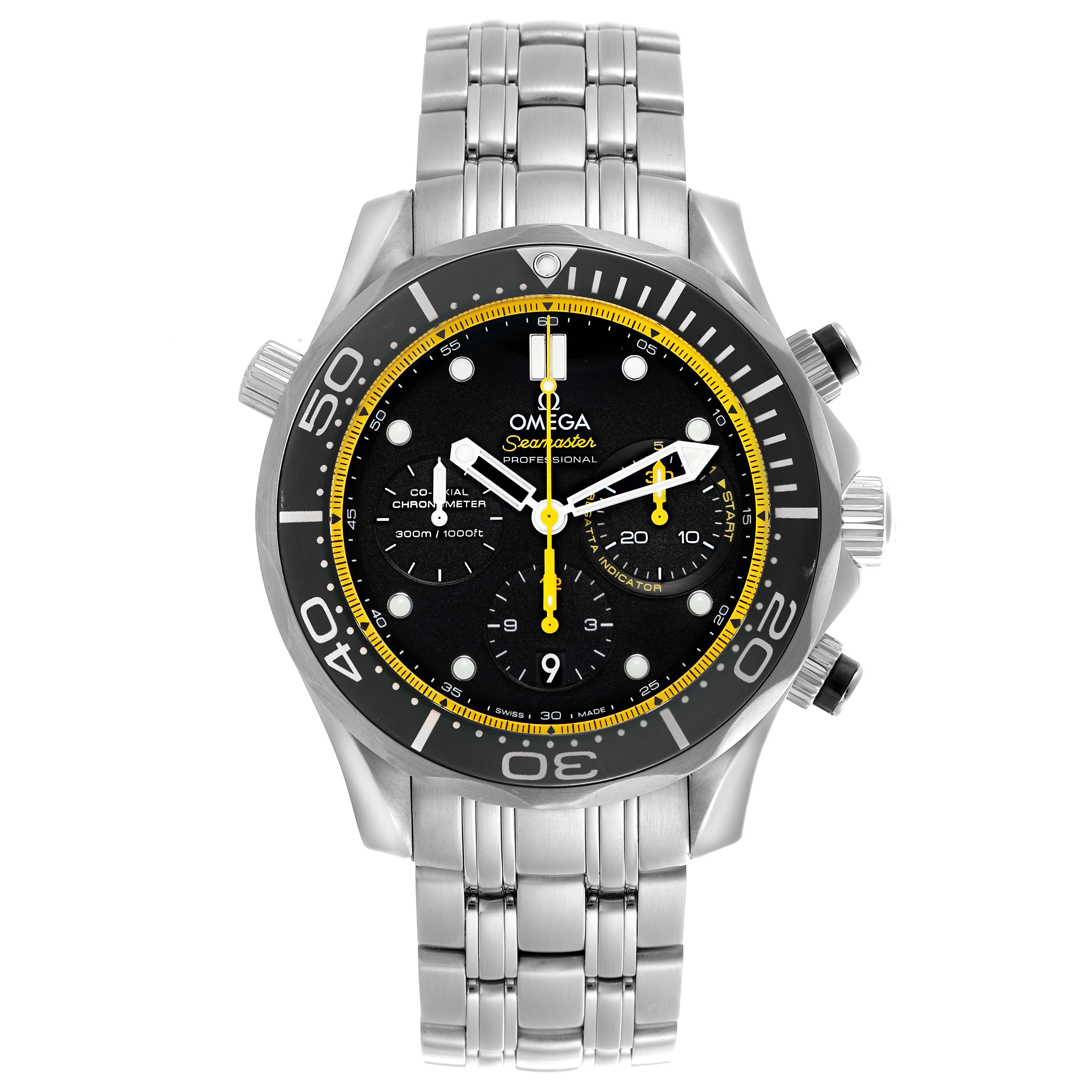 The Omega Seamaster 212.30.44.50.01.002 Men's Stainless Steel Black Dial 212.30.44.50.01.002 Men's Stainless Steel Black Dial watch is shown from a front angle, displaying its face, bezel, and bracelet.