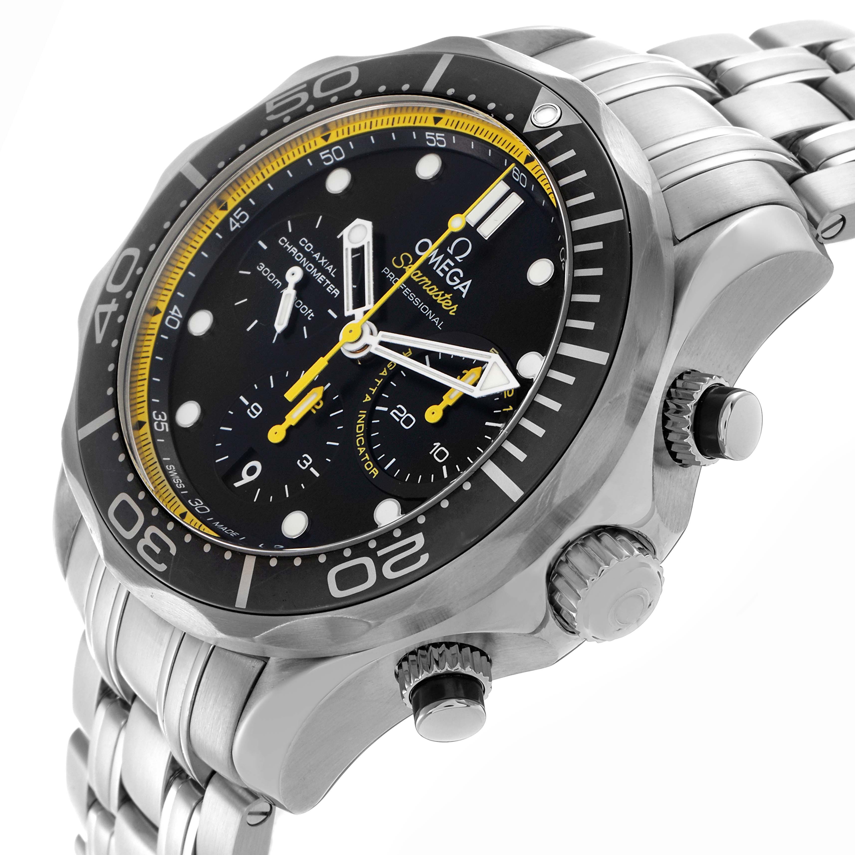 The Omega Seamaster 212.30.44.50.01.002 Men's Stainless Steel Black Dial 212.30.44.50.01.002 Men's Stainless Steel Black Dial watch is shown at an angled side view, highlighting the face, bezel, crown, and stainless steel bracelet.