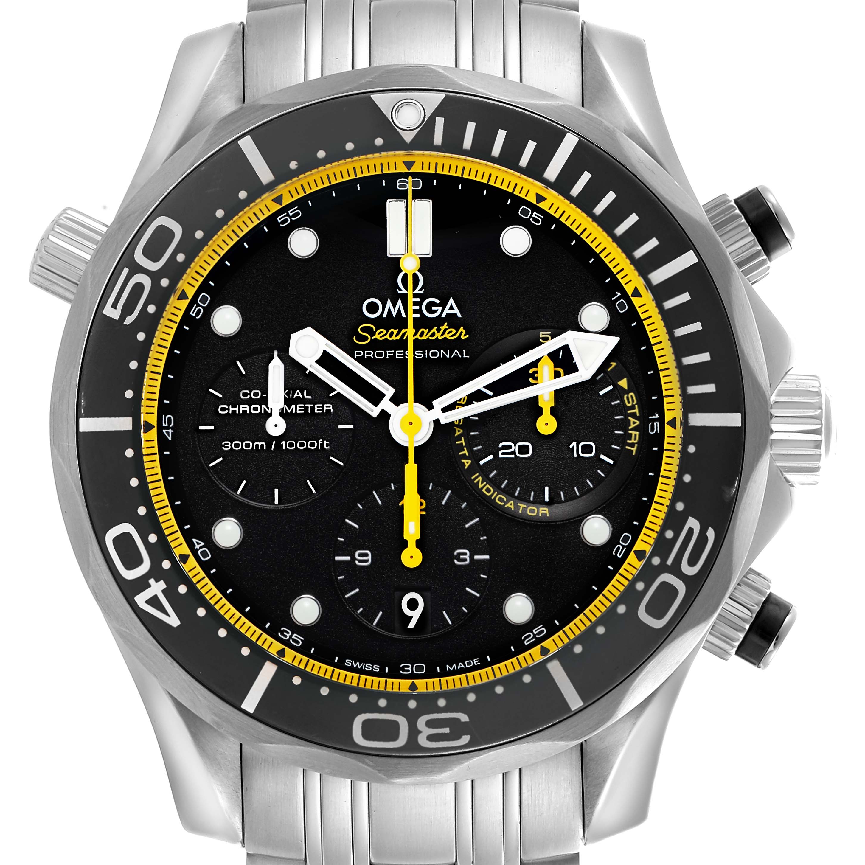 The Omega Seamaster 212.30.44.50.01.002 Men's Stainless Steel Black Dial 212.30.44.50.01.002 Men's Stainless Steel Black Dial watch is shown from a front angle, highlighting the dial, bezel, and pushers.