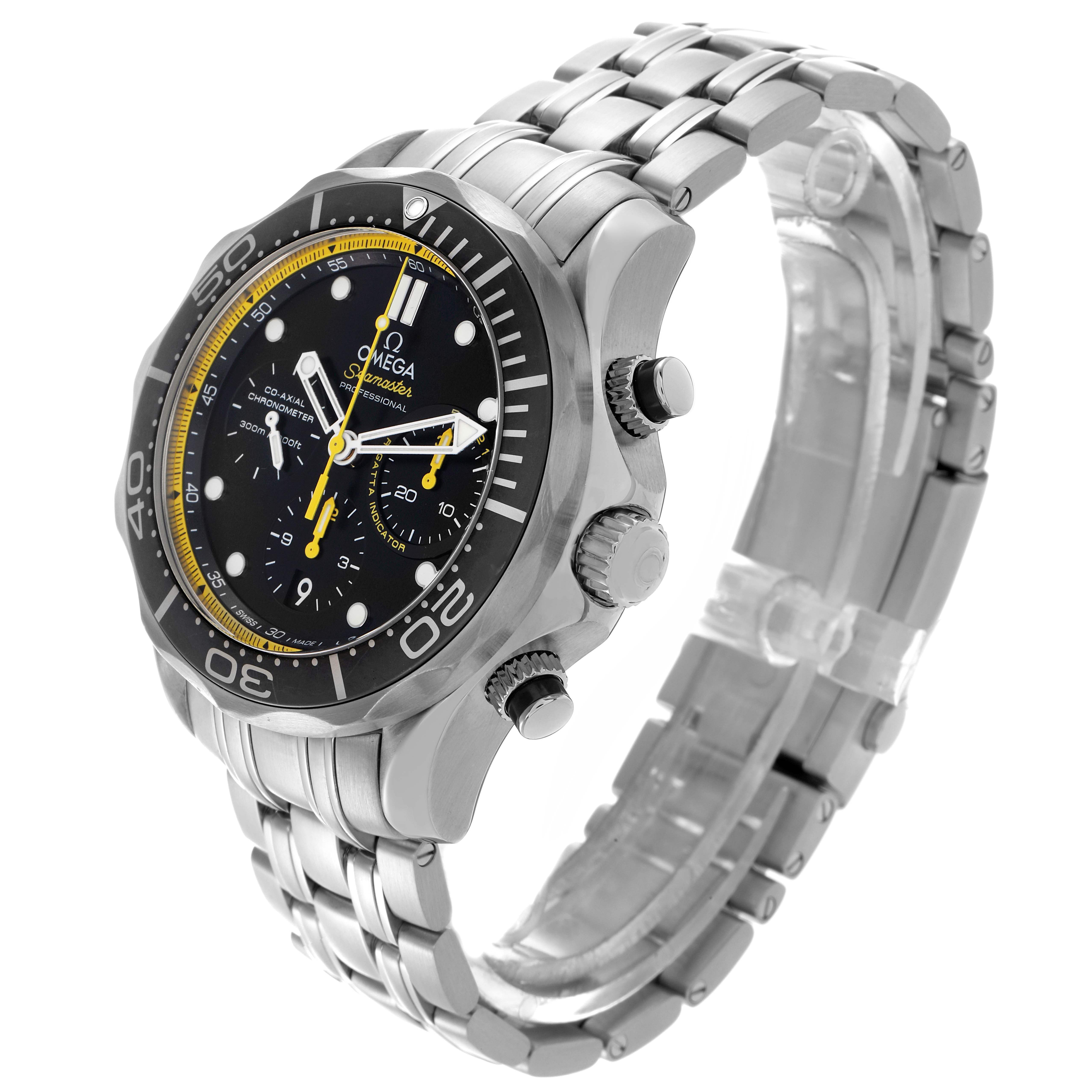 The Omega Seamaster 212.30.44.50.01.002 Men's Stainless Steel Black Dial 212.30.44.50.01.002 Men's Stainless Steel Black Dial watch is shown at a slight angle, displaying the dial, bezel, crown, and part of the bracelet.