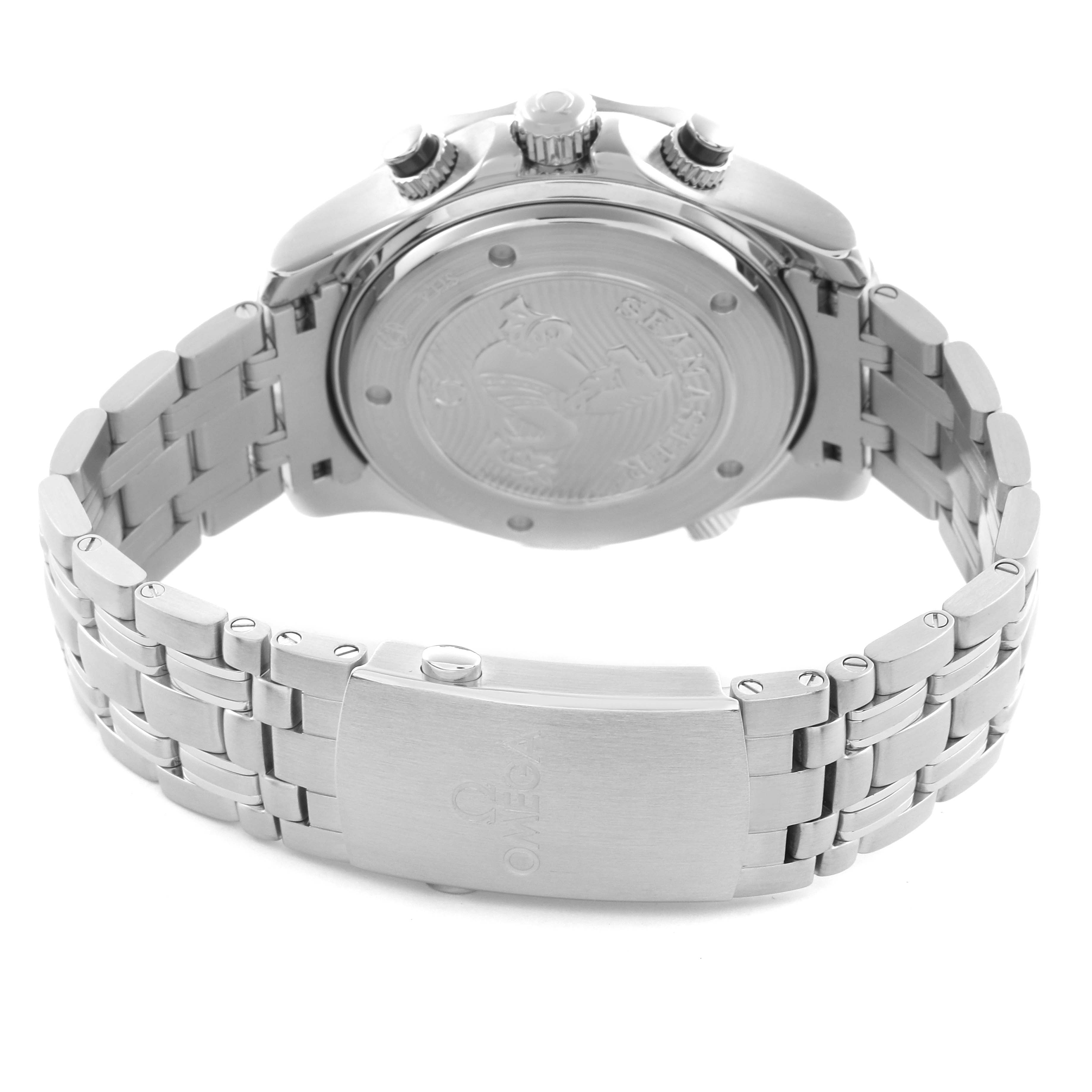 The Omega Seamaster 212.30.44.50.01.002 Men's Stainless Steel Black Dial 212.30.44.50.01.002 Men's Stainless Steel Black Dial watch is shown from the back, displaying the case back, crown, pushers, and metal bracelet with the Omega logo.