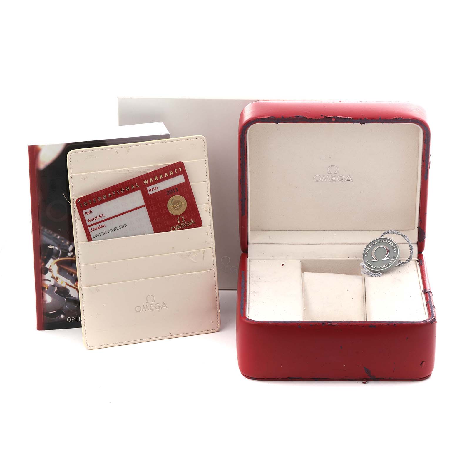 The image shows an Omega Seamaster 212.30.44.50.01.002 Men's Stainless Steel Black Dial 212.30.44.50.01.002 Men's Stainless Steel Black Dial box, warranty card, cardholder, and a manual, all viewed from the front.