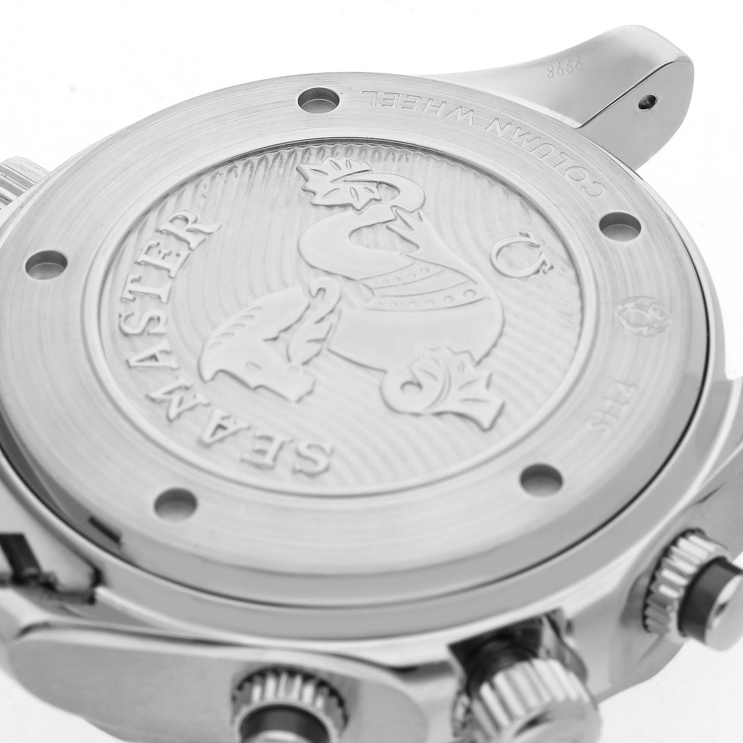 The image shows the case back of the Omega Seamaster 212.30.44.50.01.002 Men's Stainless Steel Black Dial 212.30.44.50.01.002 Men's Stainless Steel Black Dial, highlighting its engraved emblem and surrounding screws.