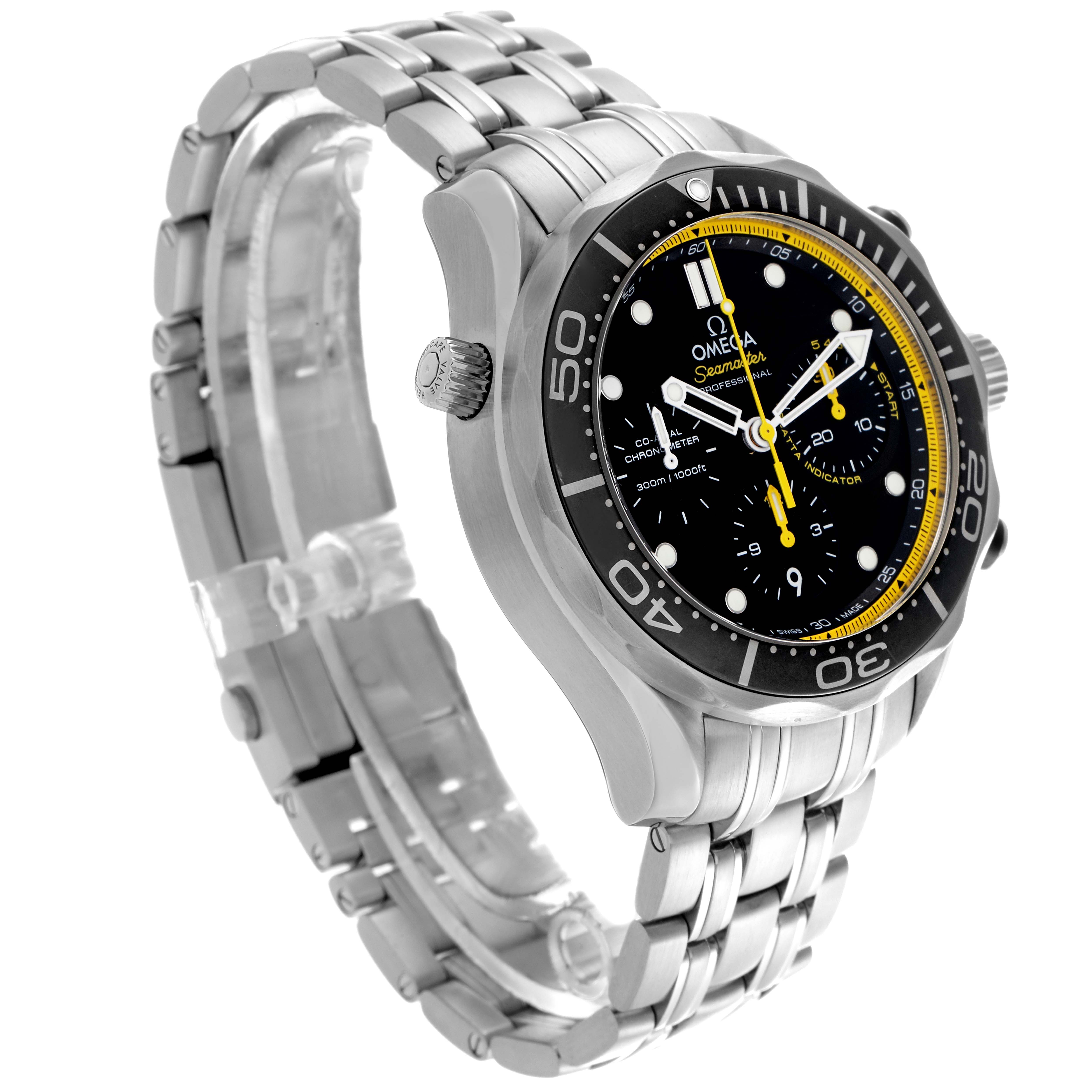 The Omega Seamaster 212.30.44.50.01.002 Men's Stainless Steel Black Dial 212.30.44.50.01.002 Men's Stainless Steel Black Dial is shown at a three-quarter angle, highlighting the face, bezel, crown, and stainless steel bracelet.