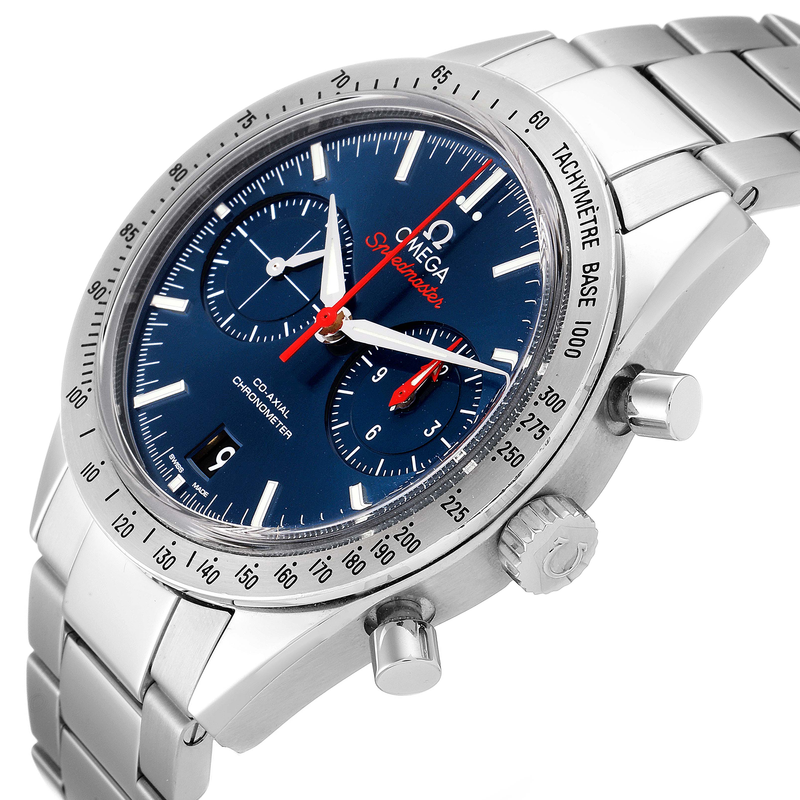 The image shows an angled view of an Omega Speedmaster 331.10.42.51.03.001 Men
s Stainless Steel Blue Dial 331.10.42.51.03.001 Men
s Stainless Steel Blue Dial watch, highlighting its face, bezel, crown, and metallic bracelet.