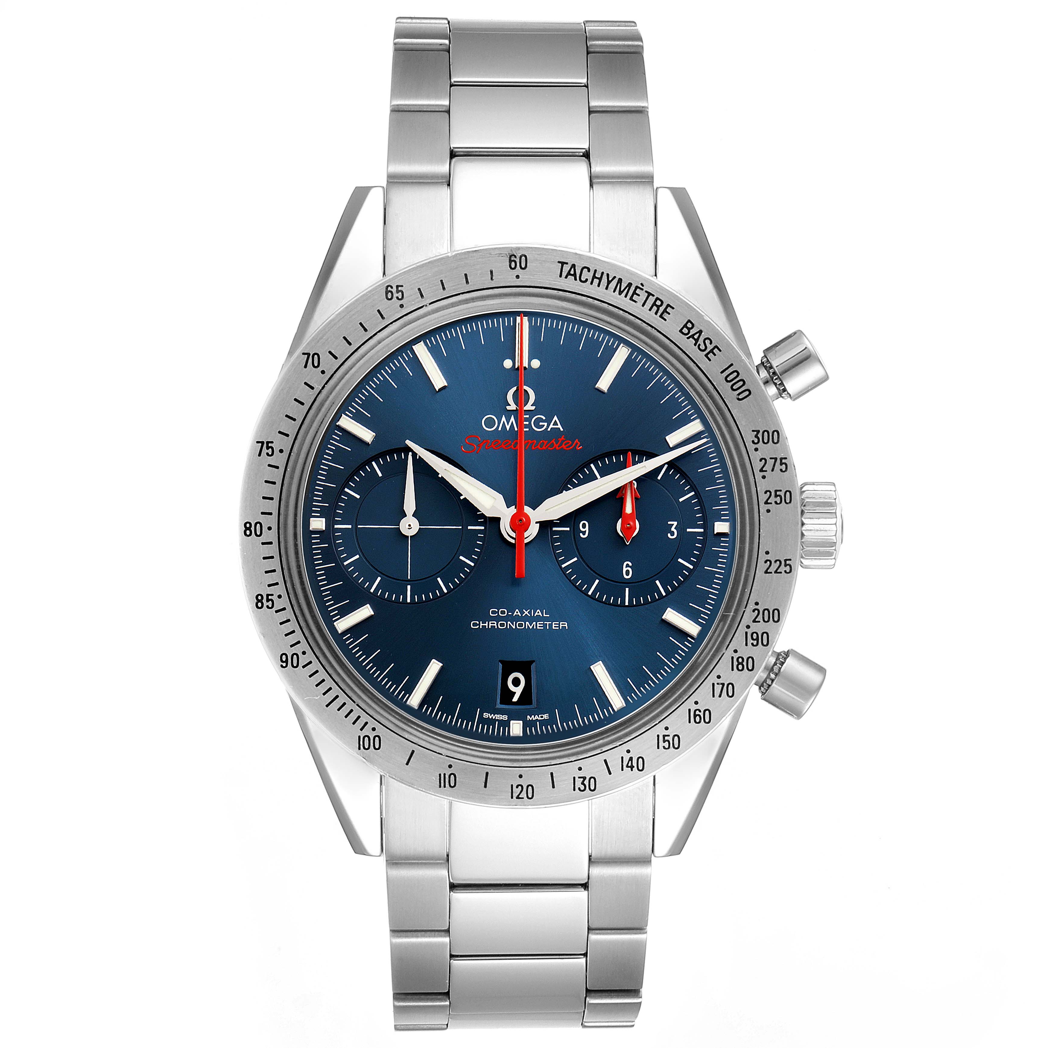 The image shows the front view of an Omega Speedmaster 331.10.42.51.03.001 Men
s Stainless Steel Blue Dial 331.10.42.51.03.001 Men
s Stainless Steel Blue Dial watch, showcasing its face, bezel, and stainless steel bracelet.