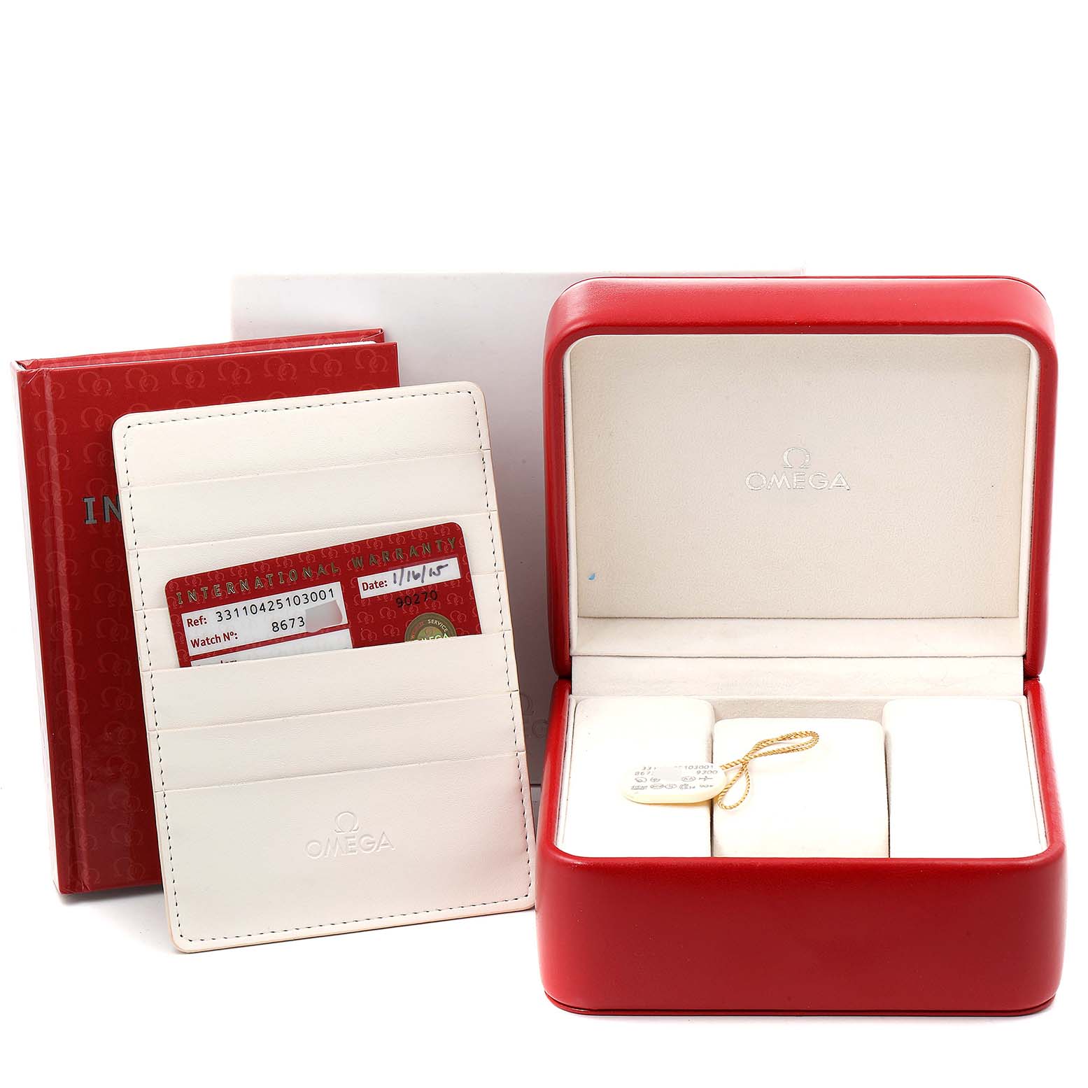 The image shows the Omega Speedmaster 331.10.42.51.03.001 Men
s Stainless Steel Blue Dial 331.10.42.51.03.001 Men
s Stainless Steel Blue Dial accessories, including a red watch box, a warranty card, and an instruction booklet.