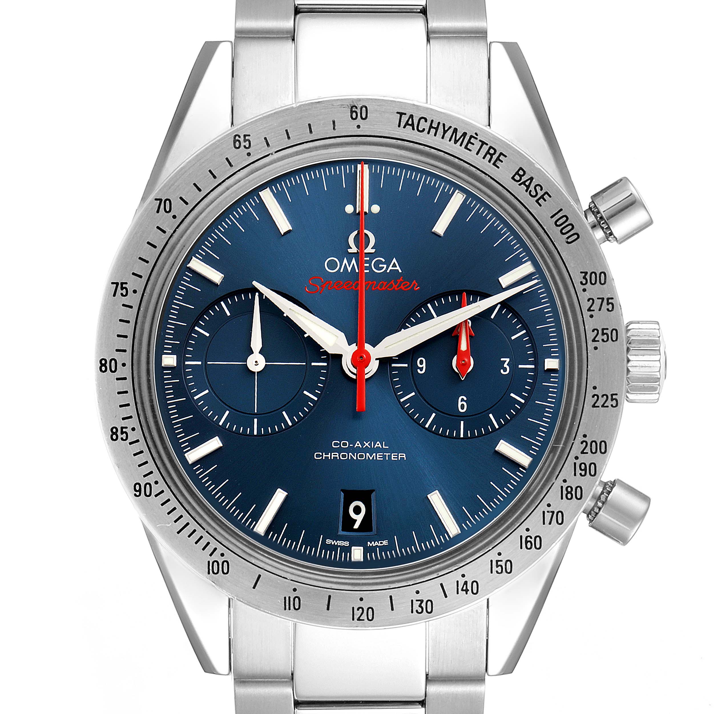 The image shows a front view of an Omega Speedmaster 331.10.42.51.03.001 Men
s Stainless Steel Blue Dial 331.10.42.51.03.001 Men
s Stainless Steel Blue Dial watch with a blue dial, tachymeter bezel, and stainless steel bracelet.