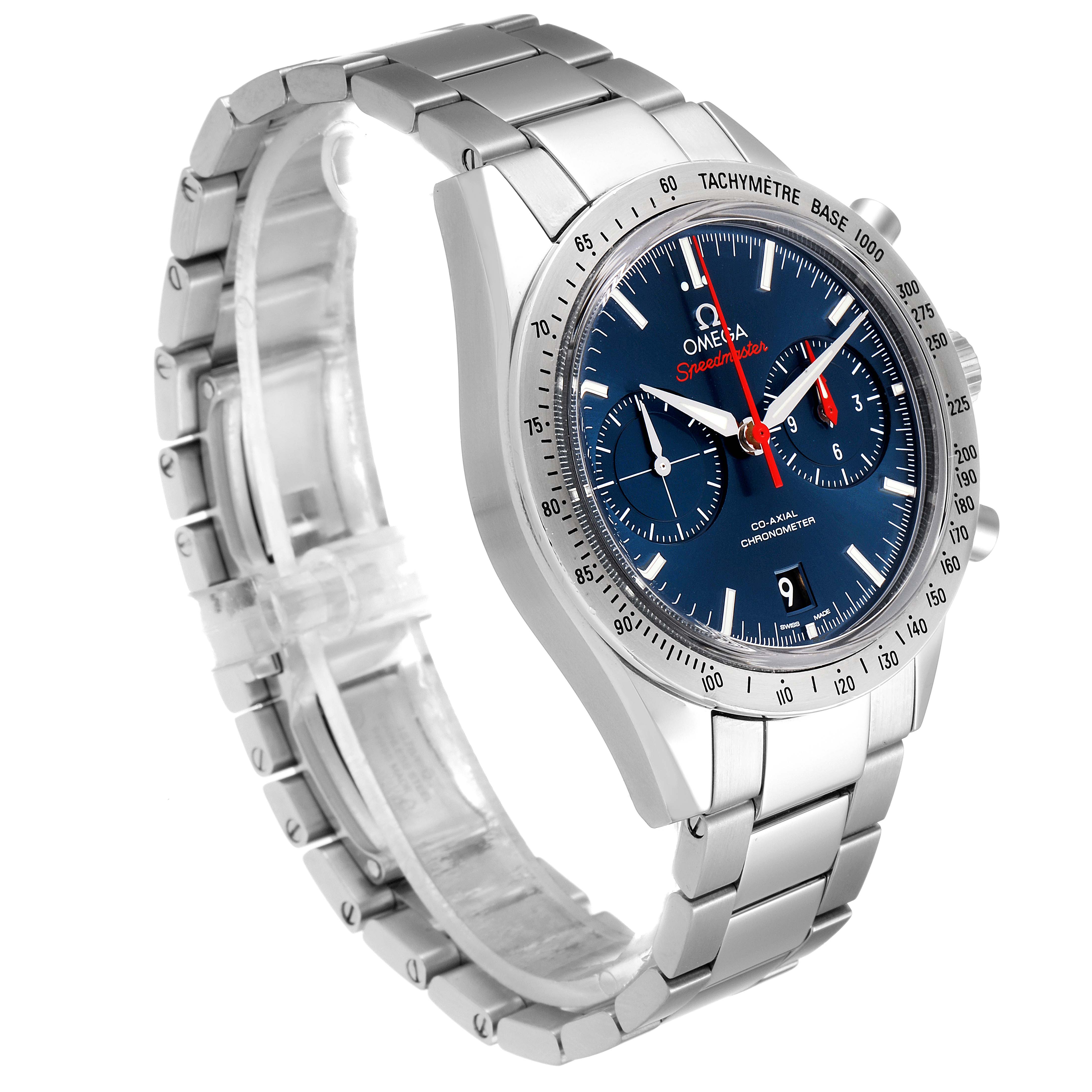 The Omega Speedmaster 331.10.42.51.03.001 Men
s Stainless Steel Blue Dial 331.10.42.51.03.001 Men
s Stainless Steel Blue Dial watch is shown at an angled side view, highlighting its face, dial, bezel, and stainless steel bracelet.