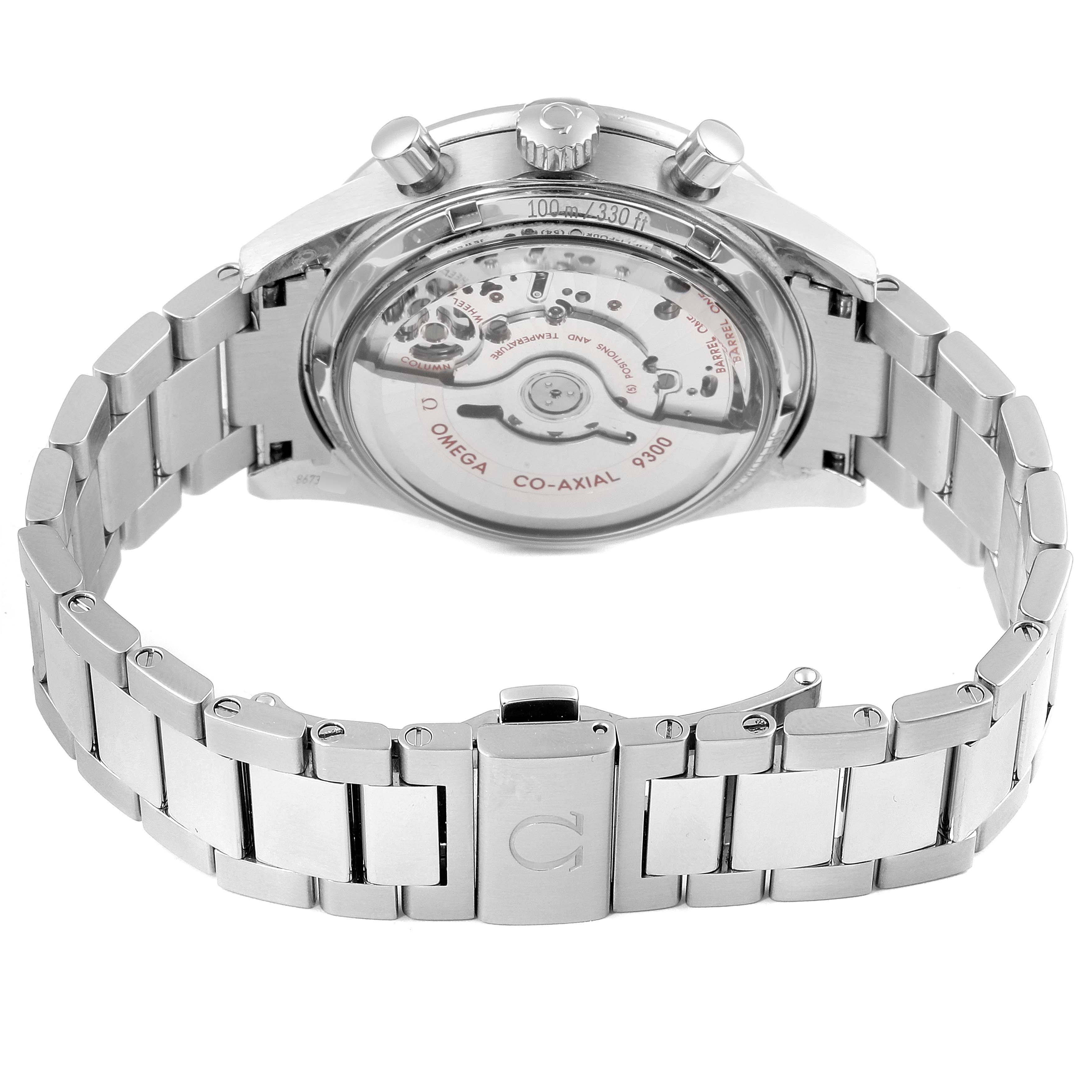 The image shows the back view of an Omega Speedmaster 331.10.42.51.03.001 Men
s Stainless Steel Blue Dial 331.10.42.51.03.001 Men
s Stainless Steel Blue Dial watch, highlighting its open case back and movement.