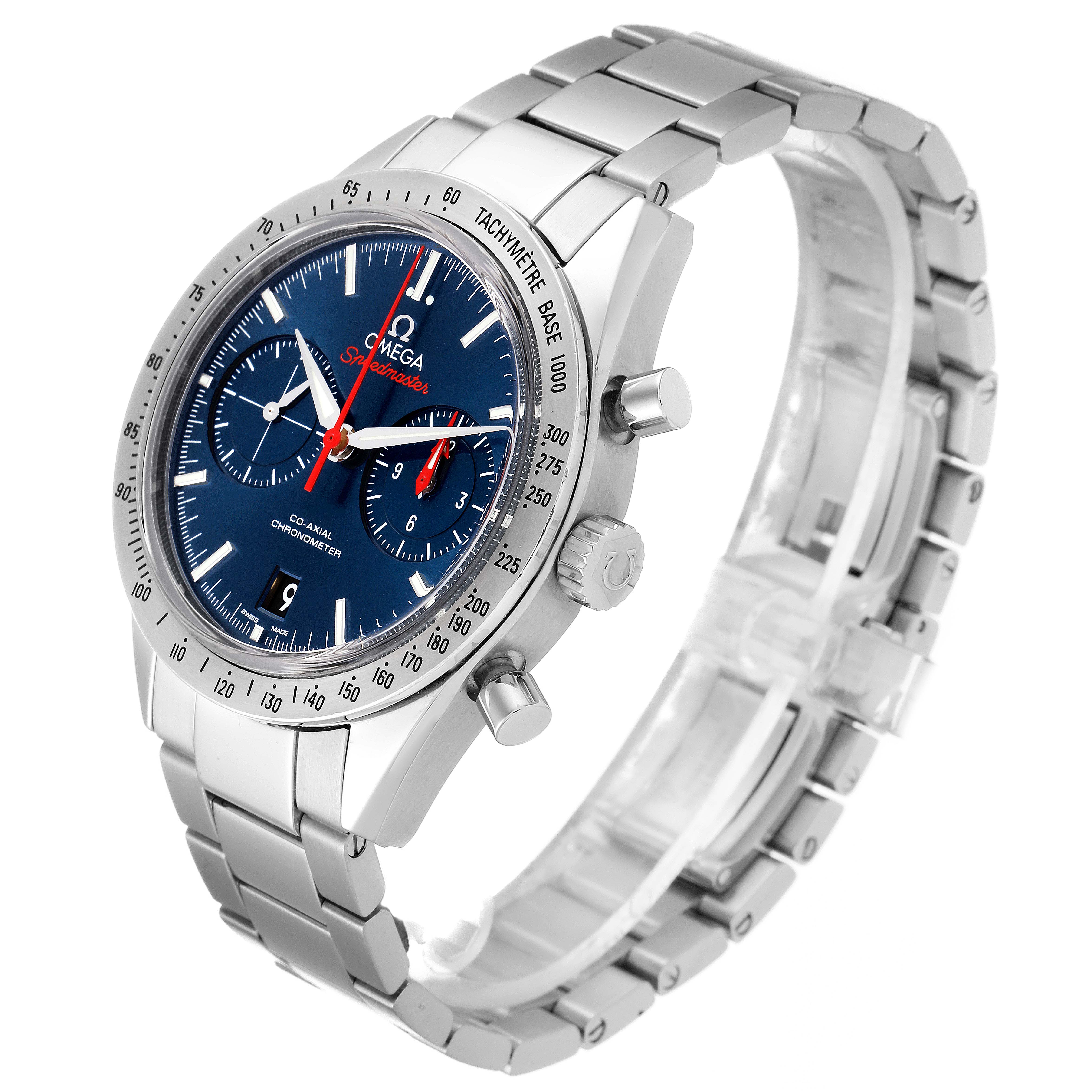 This image shows the Omega Speedmaster 331.10.42.51.03.001 Men
s Stainless Steel Blue Dial 331.10.42.51.03.001 Men
s Stainless Steel Blue Dial watch at a three-quarter angle, highlighting its stainless steel bracelet, crown, and chronograph pushers.