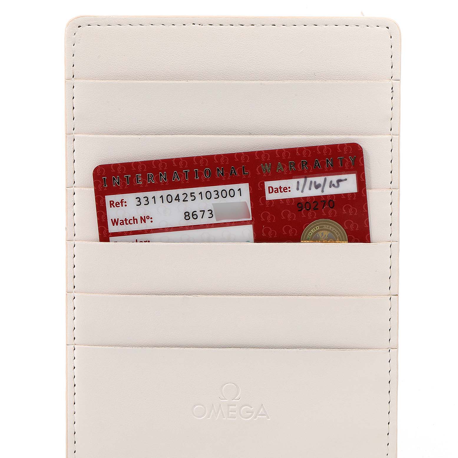 This image shows an Omega Speedmaster 331.10.42.51.03.001 Men
s Stainless Steel Blue Dial 331.10.42.51.03.001 Men
s Stainless Steel Blue Dial International Warranty card in a white cardholder, with the Omega logo visible.