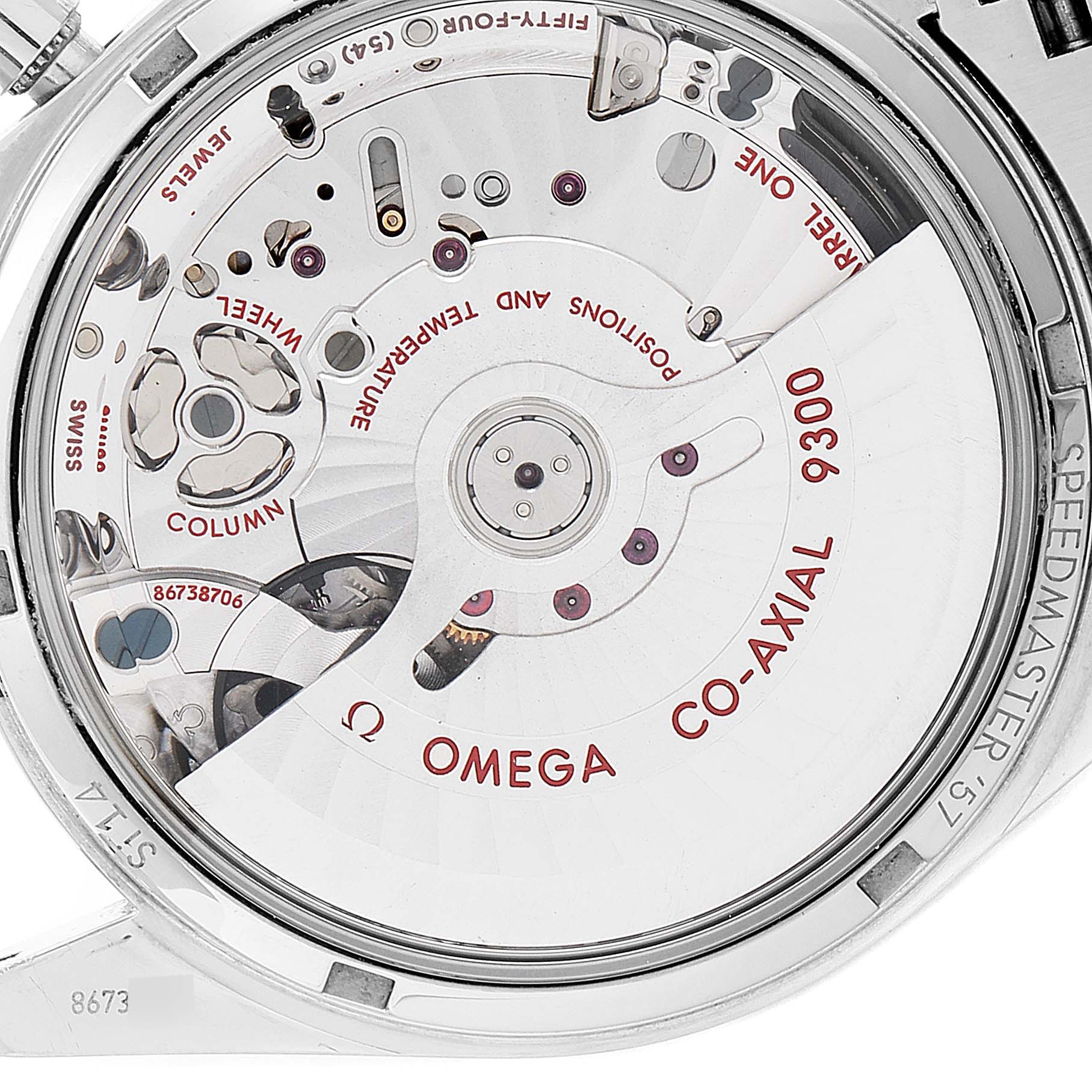 This image shows the back case and movement components of an Omega Speedmaster 331.10.42.51.03.001 Men
s Stainless Steel Blue Dial 331.10.42.51.03.001 Men
s Stainless Steel Blue Dial, specifically highlighting the Co-Axial 9300 mechanism.