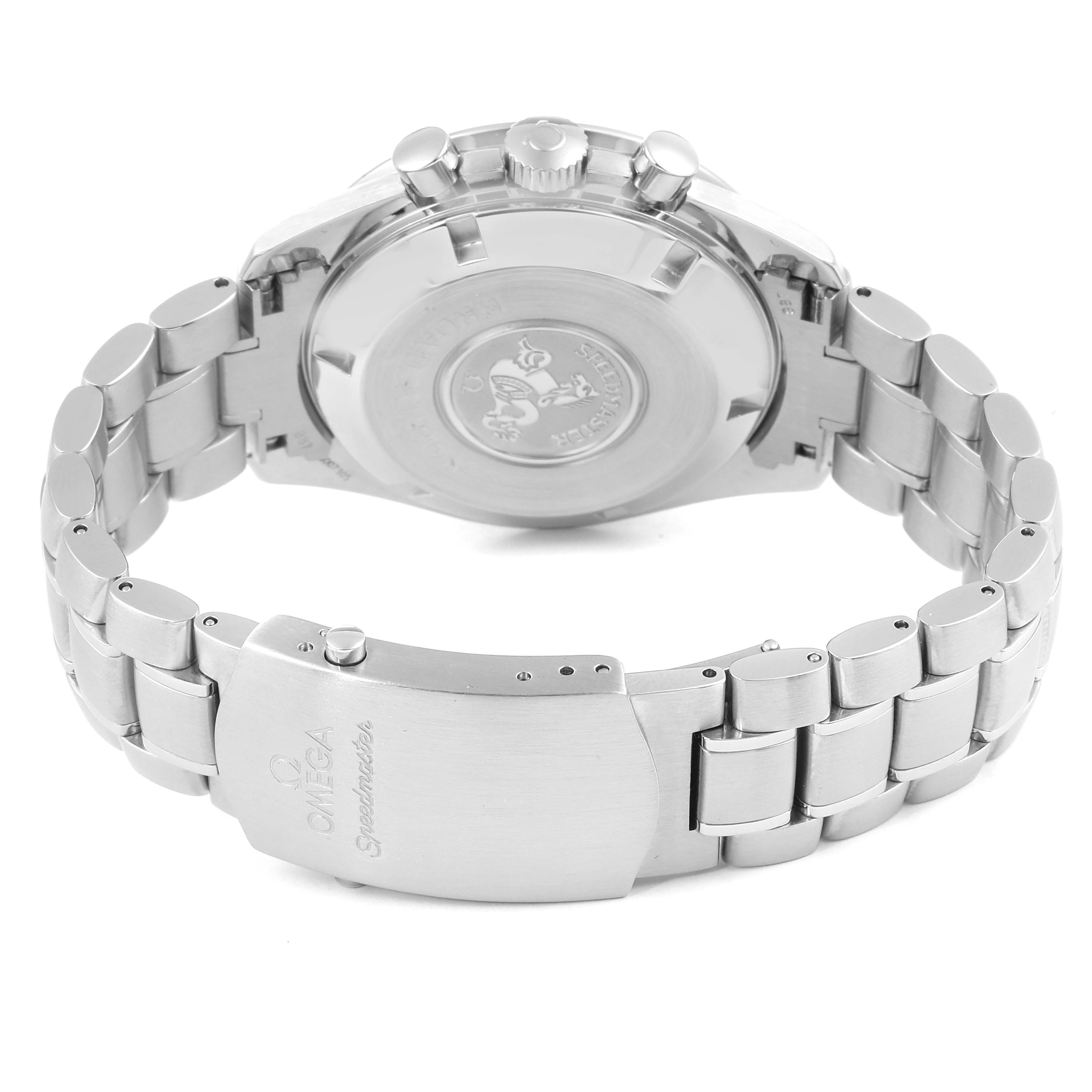This image shows the back case and bracelet of the Omega Speedmaster 3551.20.00 Men's Stainless Steel White Dial 3551.20.00 Men's Stainless Steel White Dial watch, viewed from the rear angle.