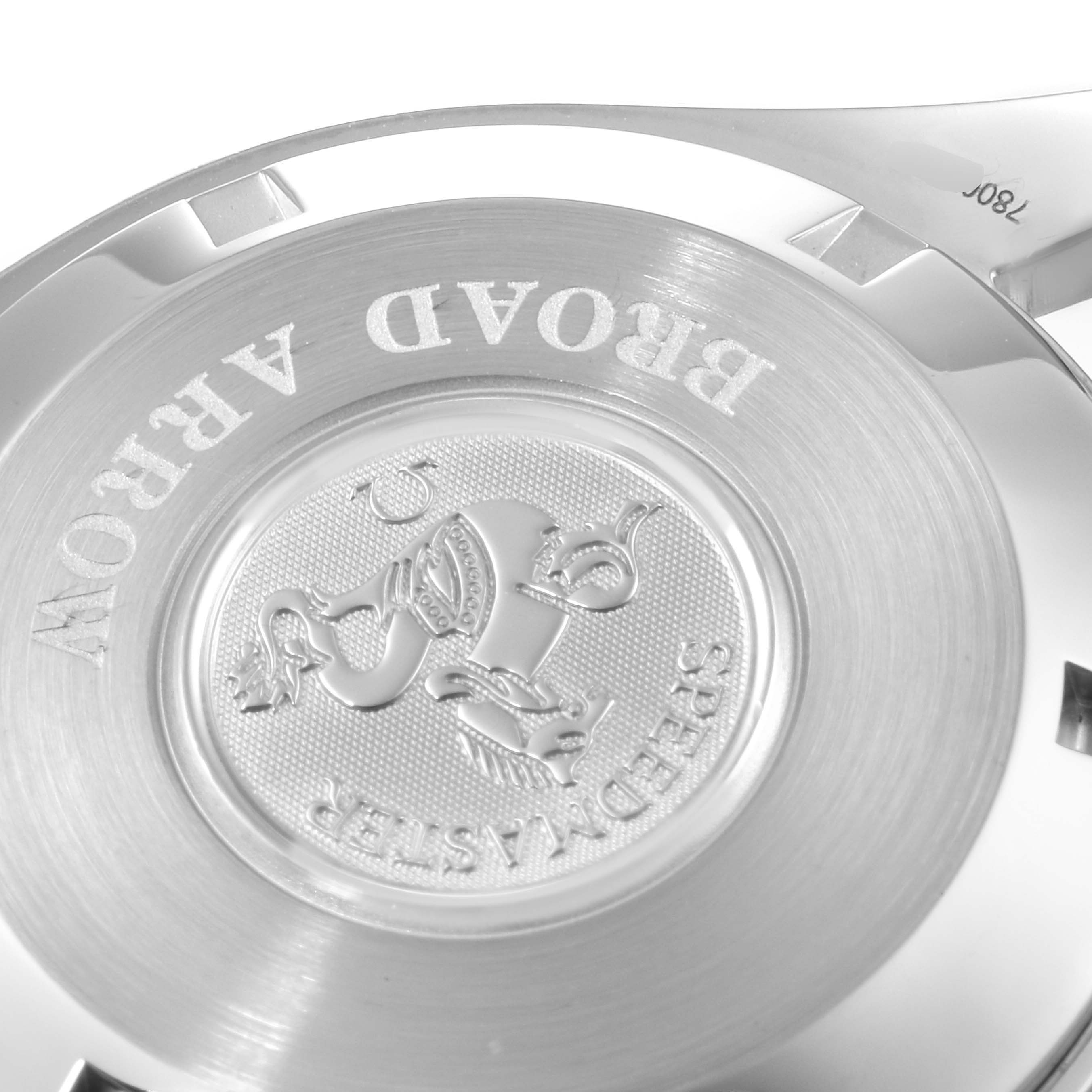 This image shows the back casing of an Omega Speedmaster 3551.20.00 Men's Stainless Steel White Dial 3551.20.00 Men's Stainless Steel White Dial Broad Arrow watch, highlighting engraved details.