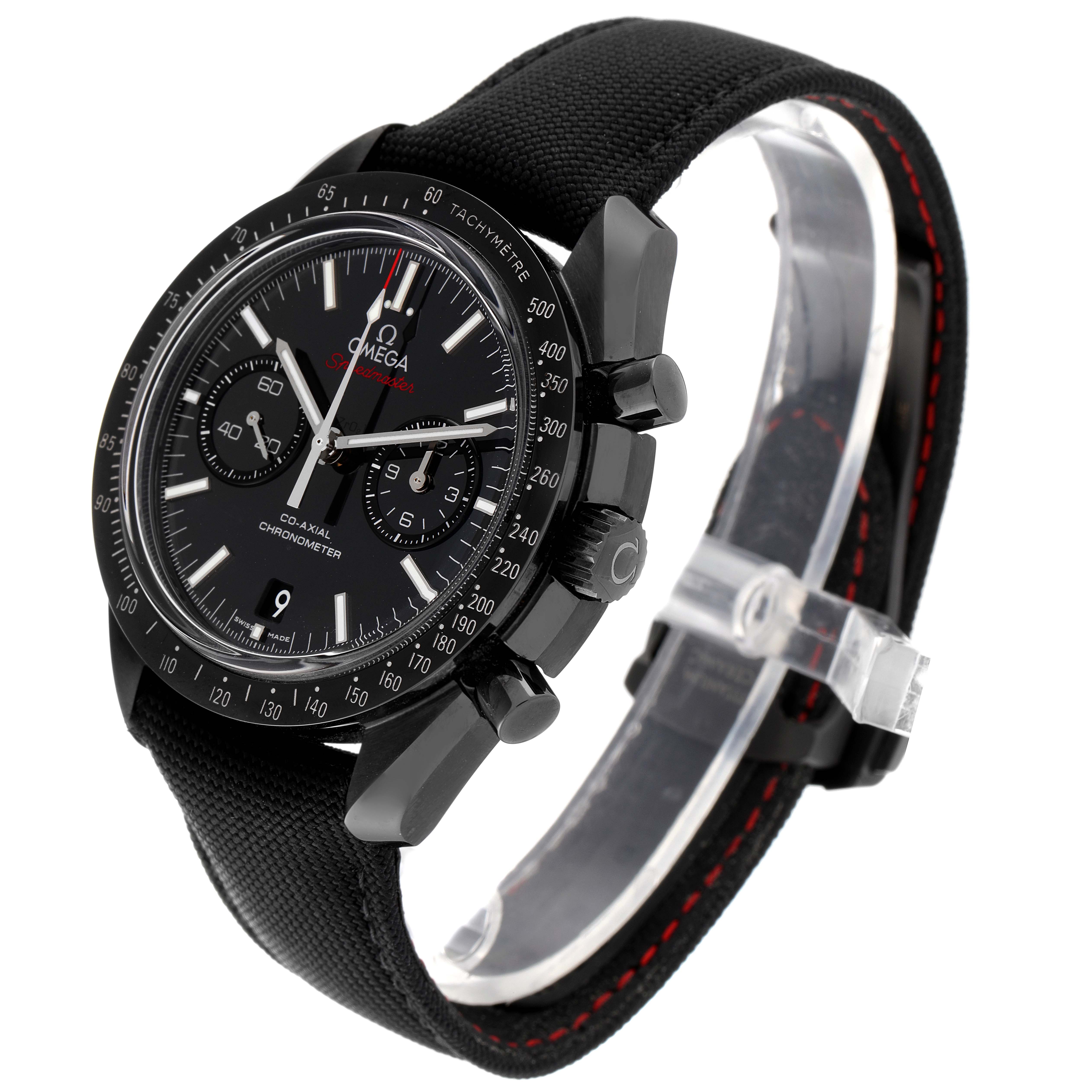 The Omega Speedmaster 311.92.44.51.01.007 Men's Ceramic Black Dial 311.92.44.51.01.007 Men's Ceramic Black Dial watch is shown at a three-quarter angle, displaying the face, crown, pushers, and black strap.