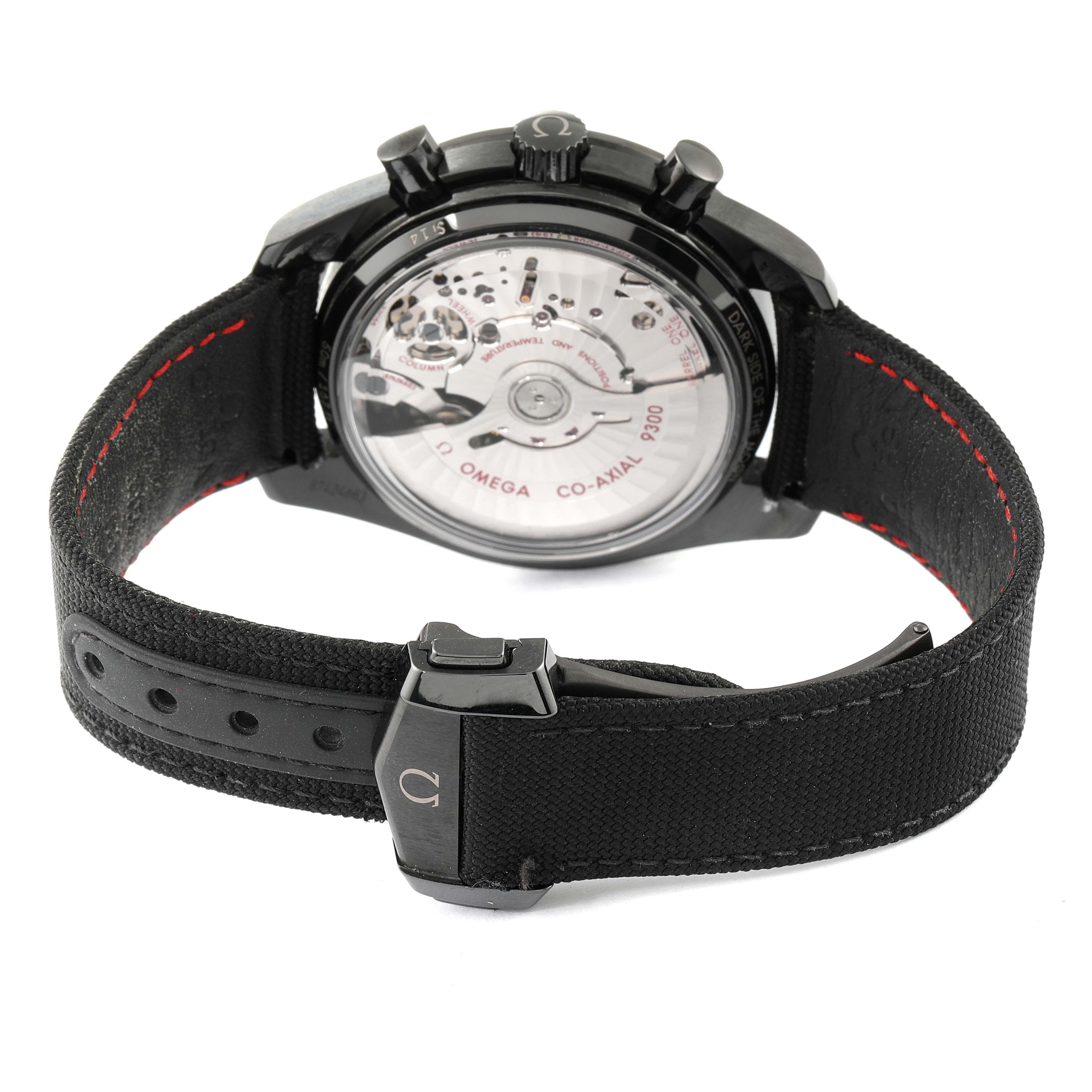 This image shows the reverse side of an Omega Speedmaster 311.92.44.51.01.007 Men's Ceramic Black Dial 311.92.44.51.01.007 Men's Ceramic Black Dial watch, highlighting the movement and the black strap.