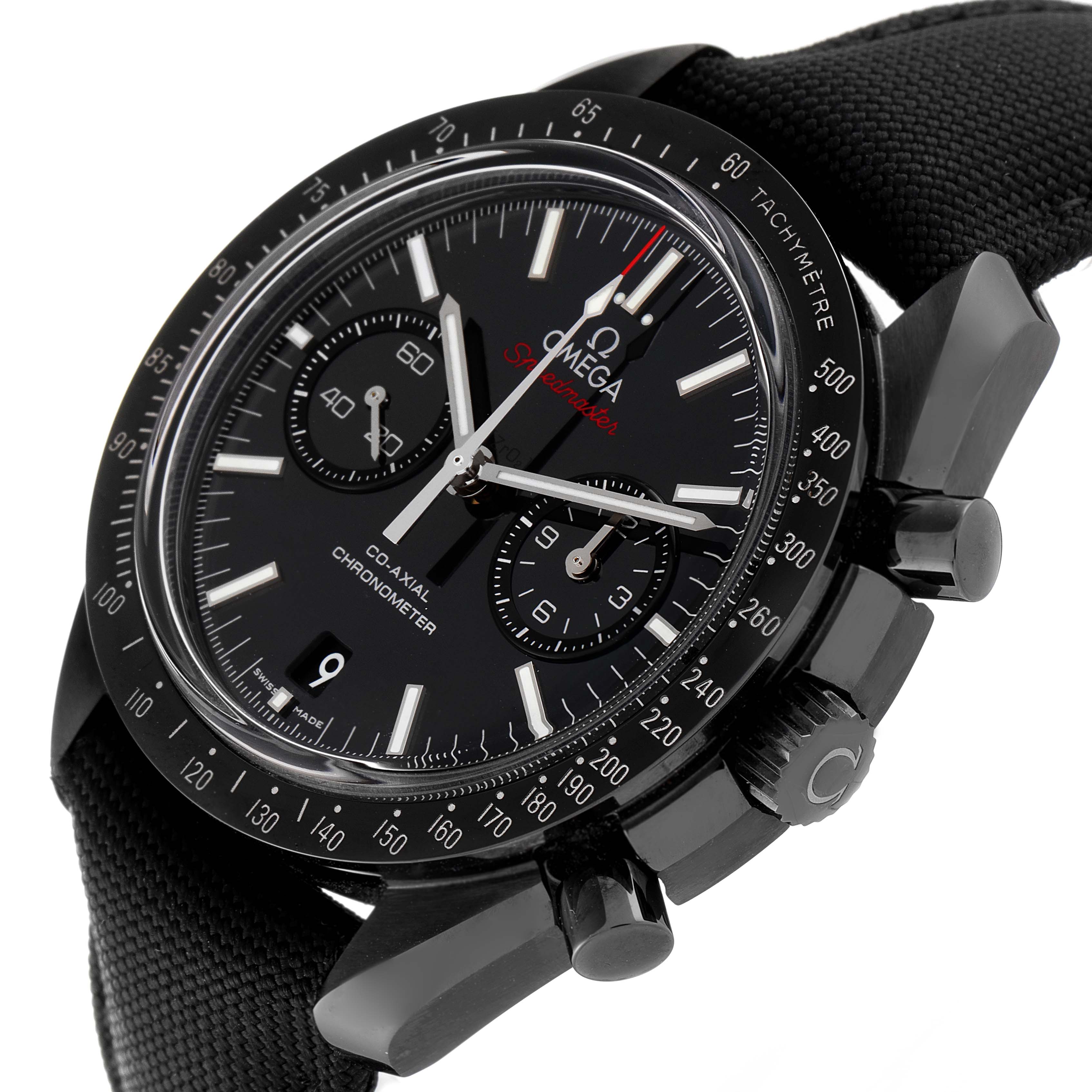 The Omega Speedmaster 311.92.44.51.01.007 Men's Ceramic Black Dial 311.92.44.51.01.007 Men's Ceramic Black Dial watch is shown at an angled side view, highlighting the dial, crown, and pushers.