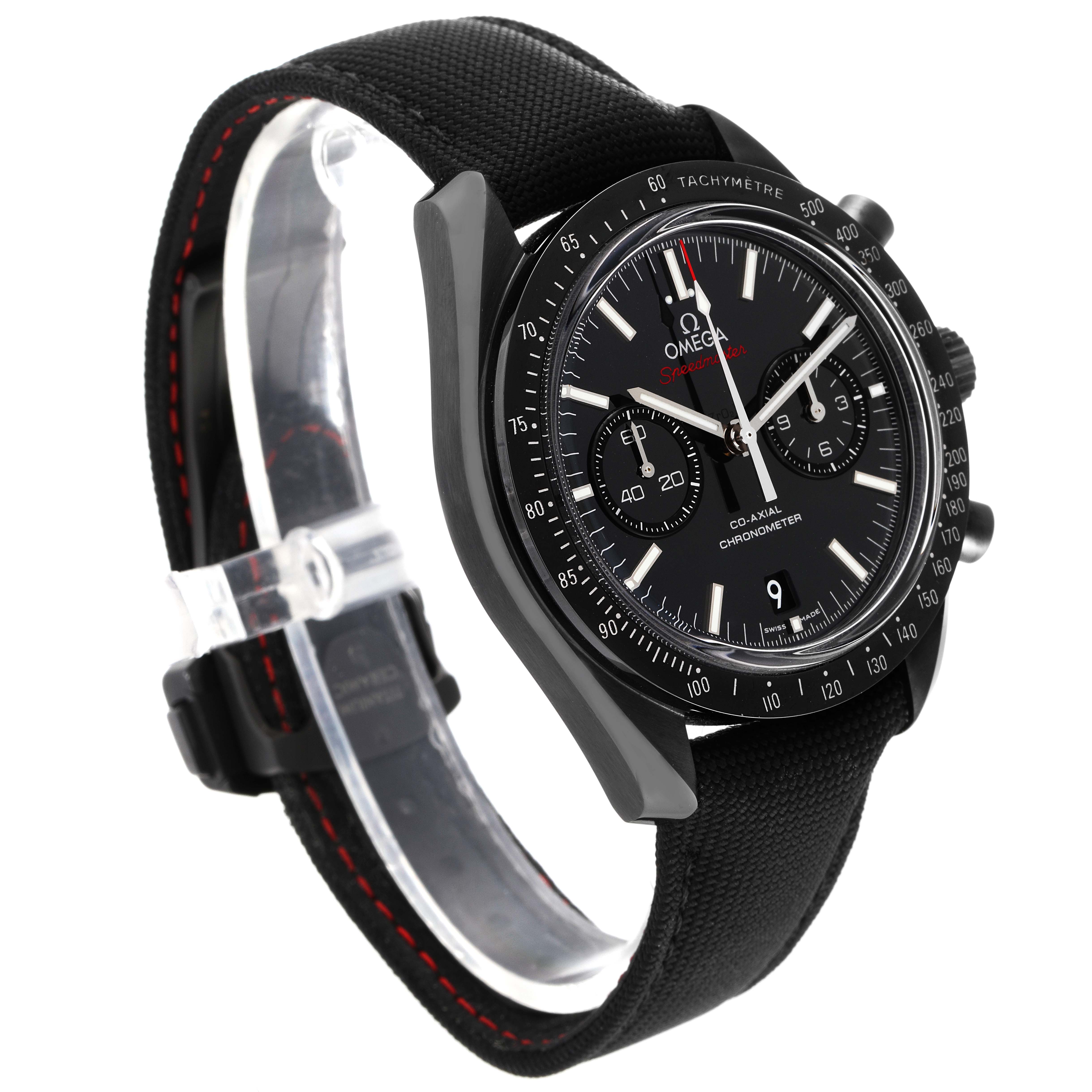 This image shows a side angle view of the Omega Speedmaster 311.92.44.51.01.007 Men's Ceramic Black Dial 311.92.44.51.01.007 Men's Ceramic Black Dial watch, highlighting the face, bezel, and strap with red stitching.
