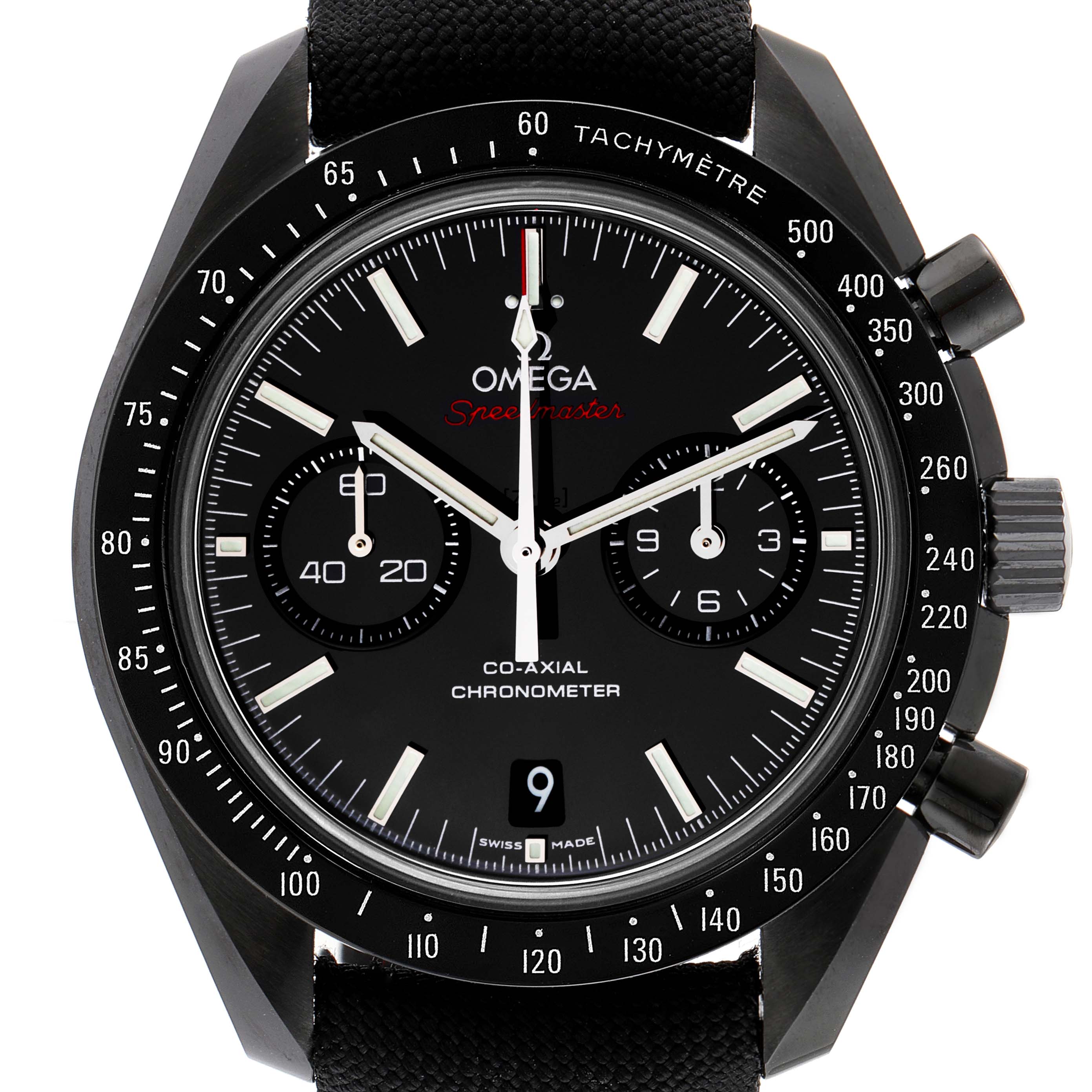 The image shows a front view of the Omega Speedmaster 311.92.44.51.01.007 Men's Ceramic Black Dial 311.92.44.51.01.007 Men's Ceramic Black Dial watch, highlighting its black dial, chronograph subdials, and tachymeter bezel.