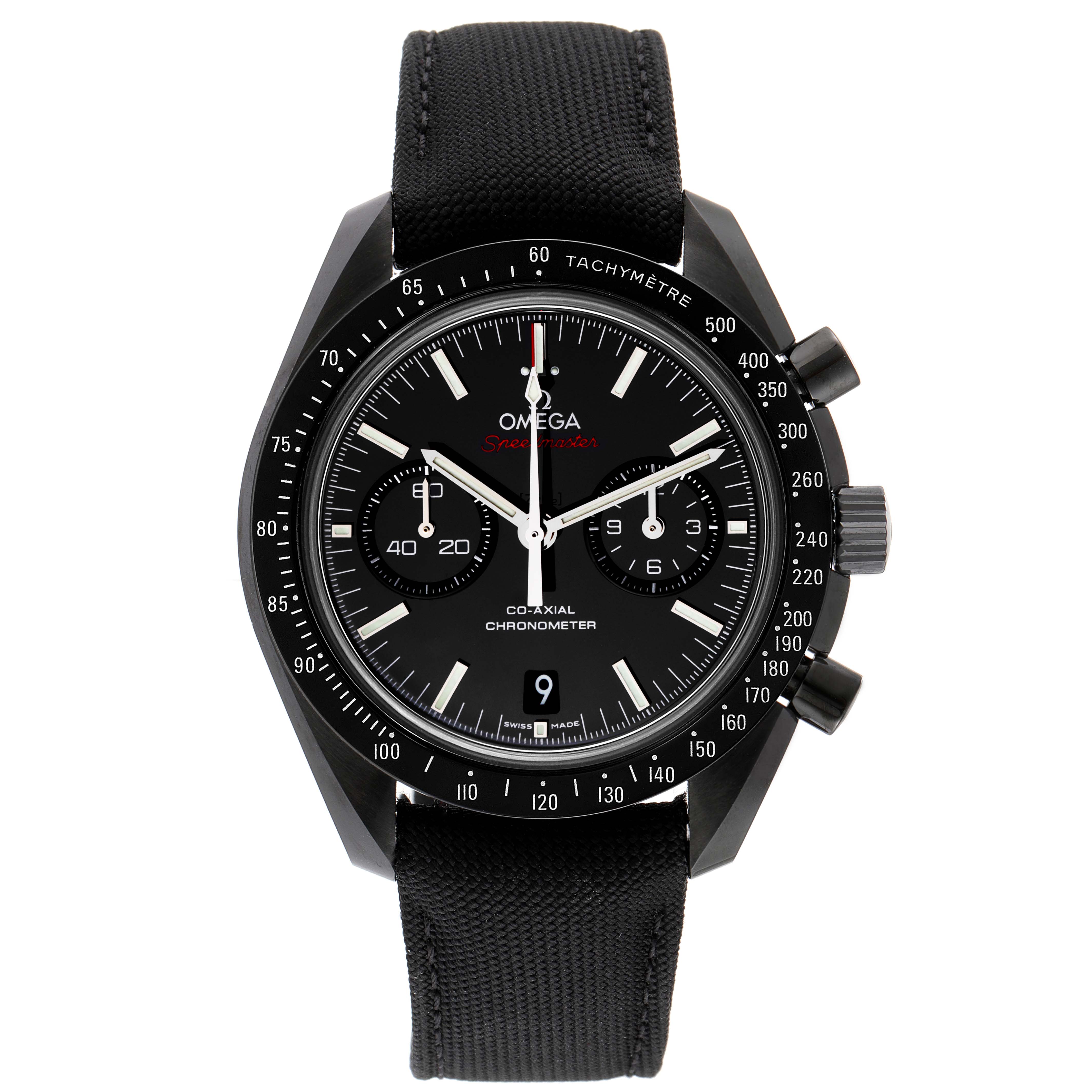The image shows a front view of an Omega Speedmaster 311.92.44.51.01.007 Men's Ceramic Black Dial 311.92.44.51.01.007 Men's Ceramic Black Dial watch, highlighting the black dial, tachymeter bezel, sub-dials, and black strap.